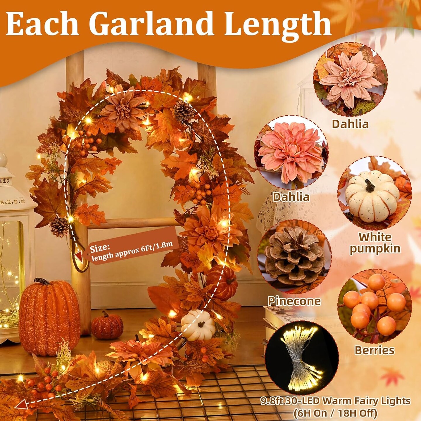 6 FT Fall Garland with Lights