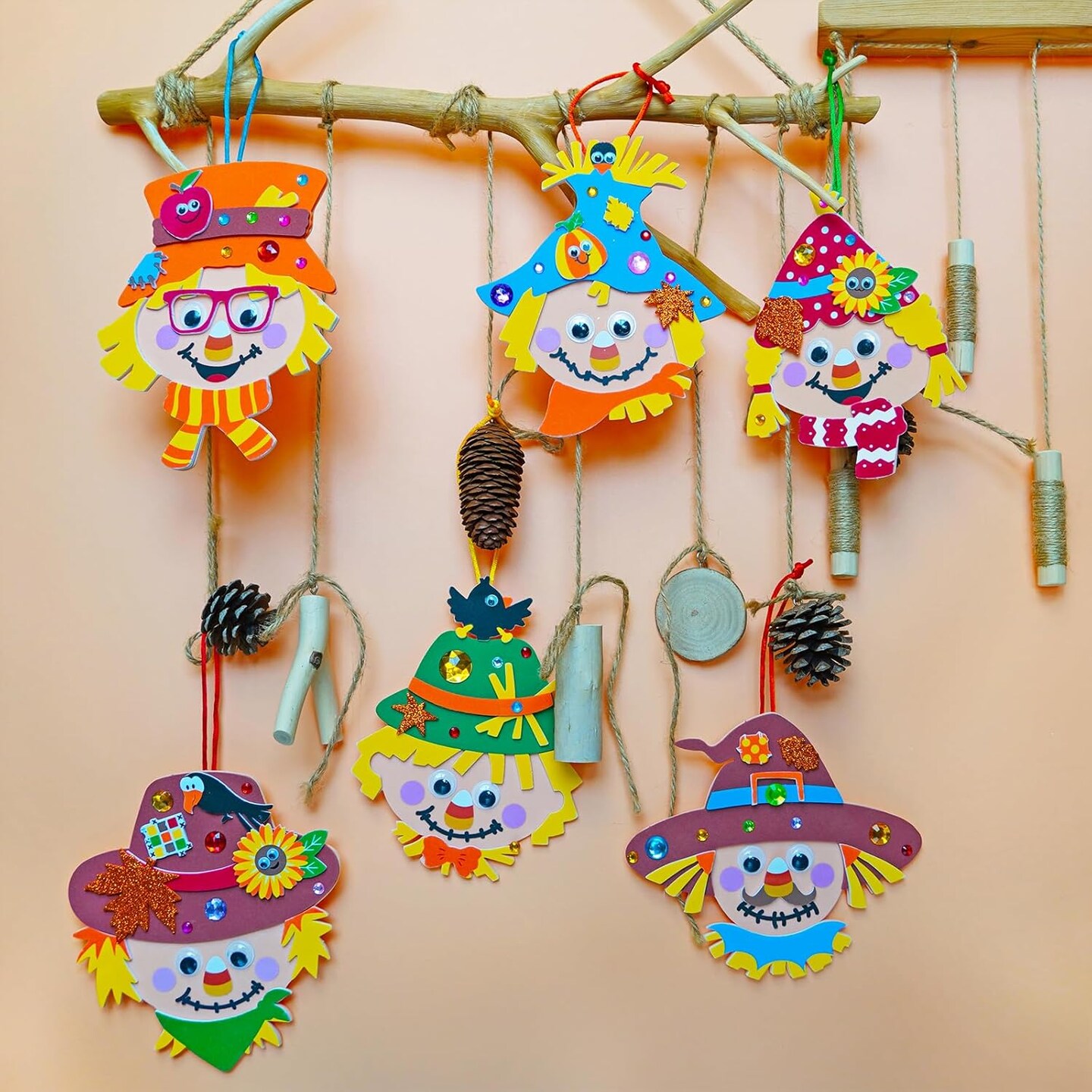 24 Sets Fall Scarecrow Craft Kits for Kids &#x2013; DIY Autumn Scarecrow Head Ornaments with Foam Harvest Stickers, Maple Leaves &#x26; Pumpkins, Arts and Crafts for Classroom, Holiday Parties, and Thanksgiving Favors (Green,Orange) 3 x 2 x 5 inches