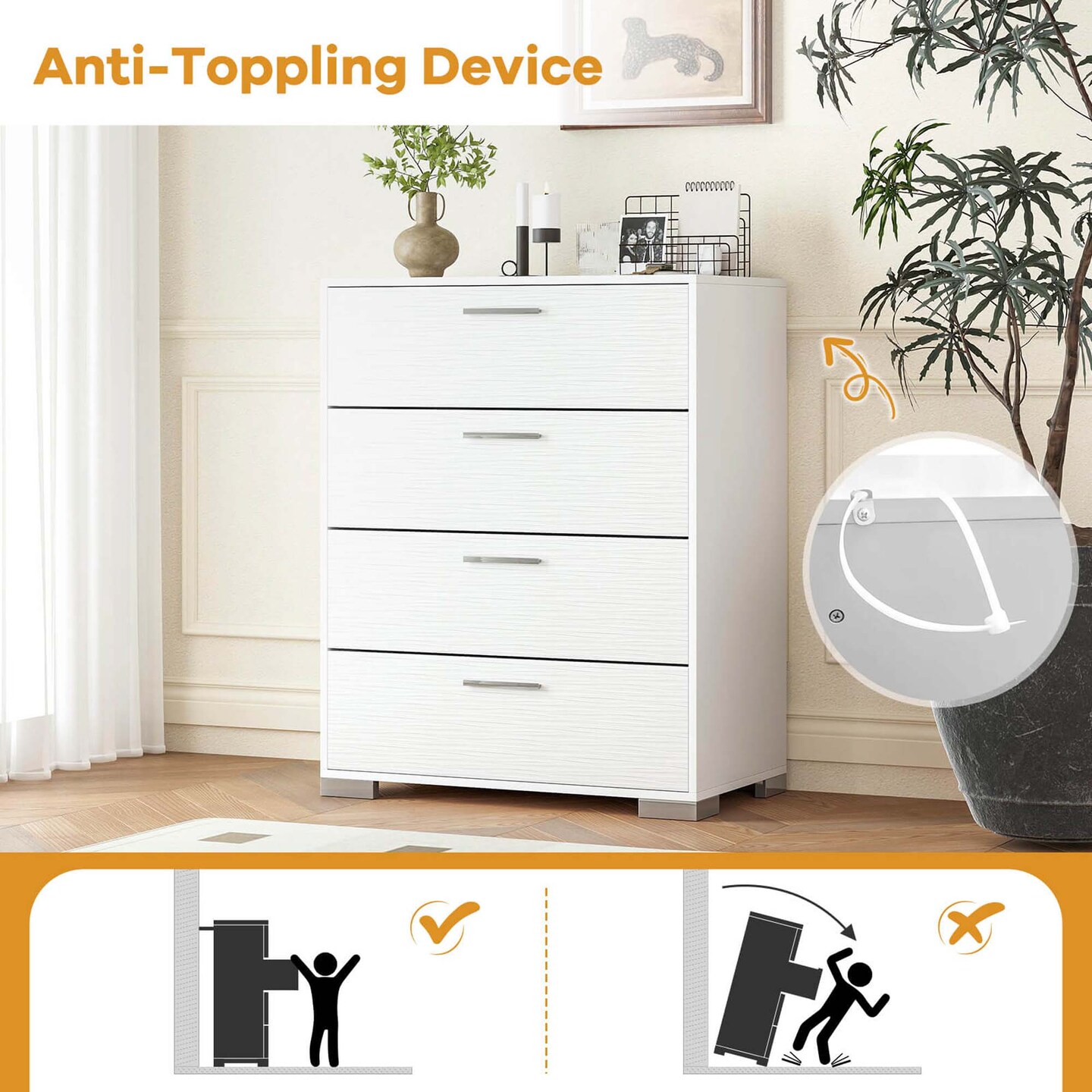 Costway 4 Drawer Storage Cabinet with Metal Legs & Handles Anti-Toppling Devices Gray/White