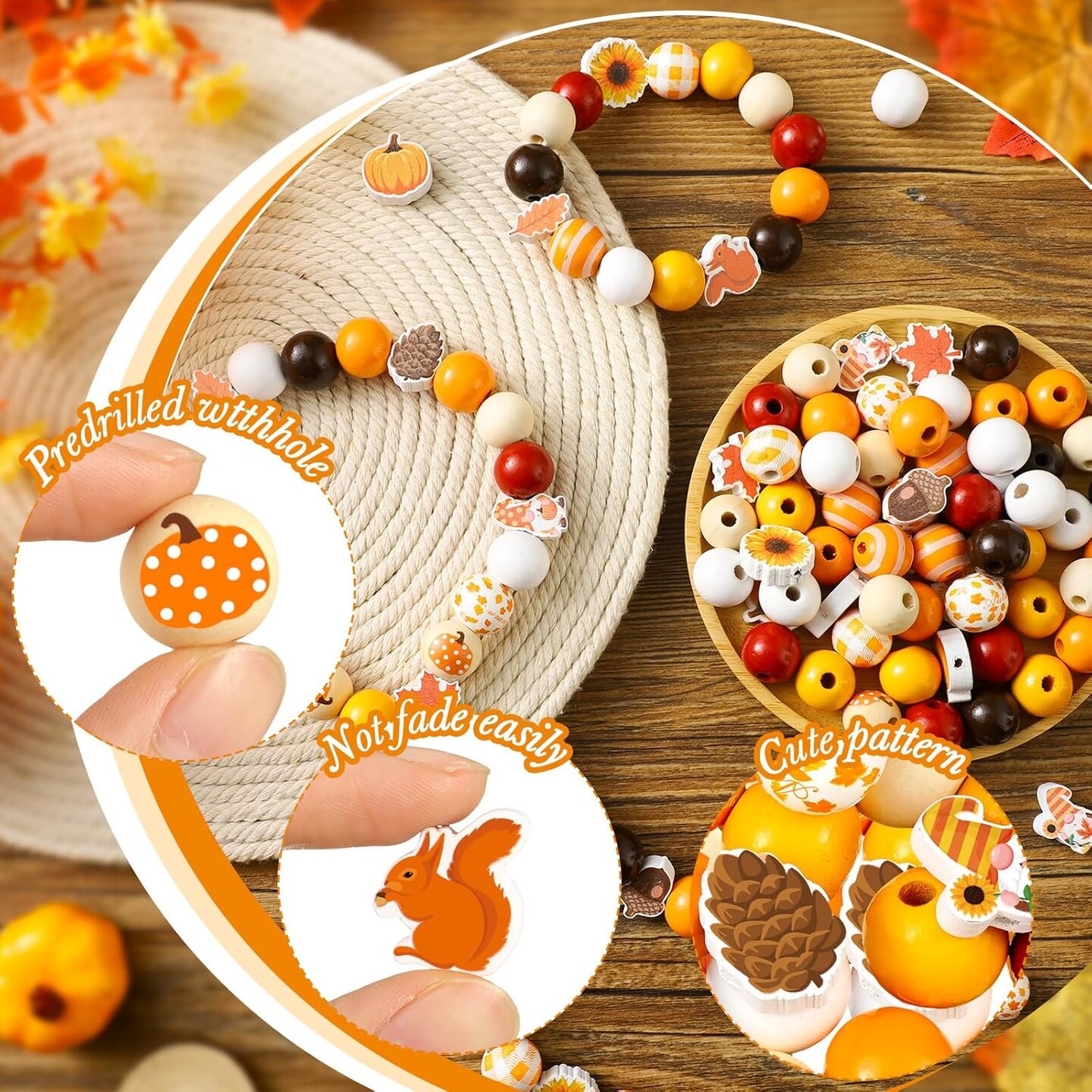 200 Pcs Fall Wooden Beads Thanksgiving Rustic Farmhouse Wood Beads