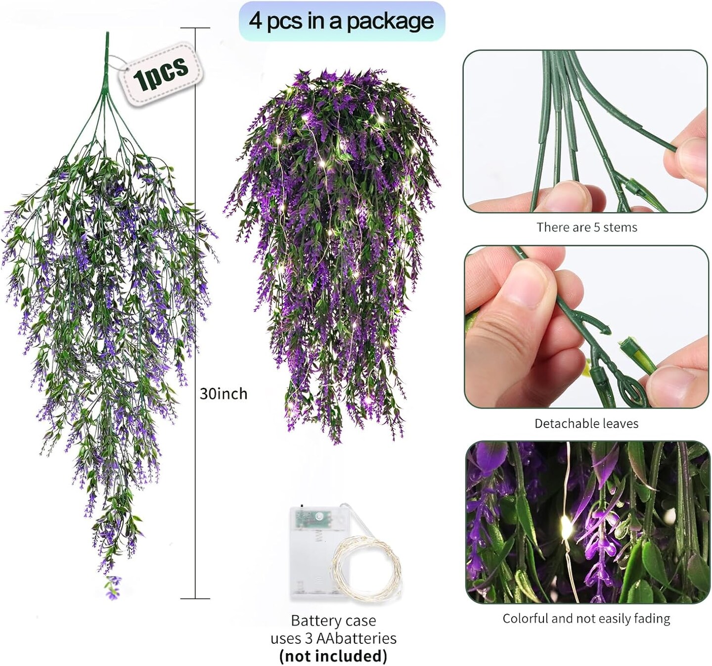 Artificial Hanging Flowers with LED Lights (Purple) 2.5"D x 8"W x 30"H