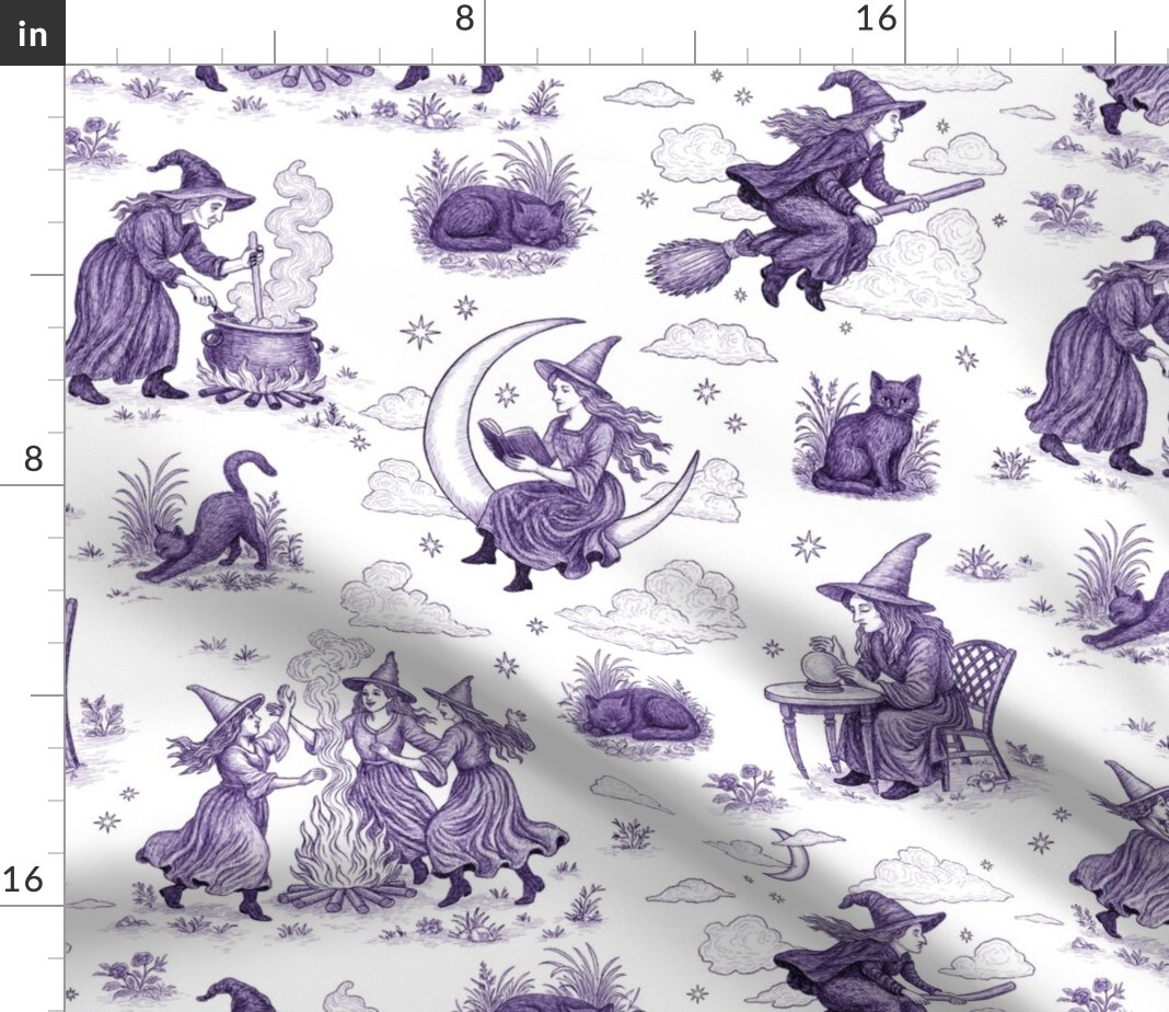 Halloween Witches Mystical Moon Black Cat Magic Brew Toile De Jouy Custom Printed Fabric by Spoonflower Various Fabrics by the Yard or Fat Quarter