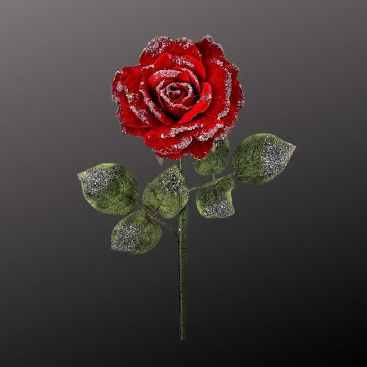 25" Red Velvet Rose Stem with Snow Frost – Artificial Christmas Rose Pick for Holiday Floral Arrangements-MTX74464