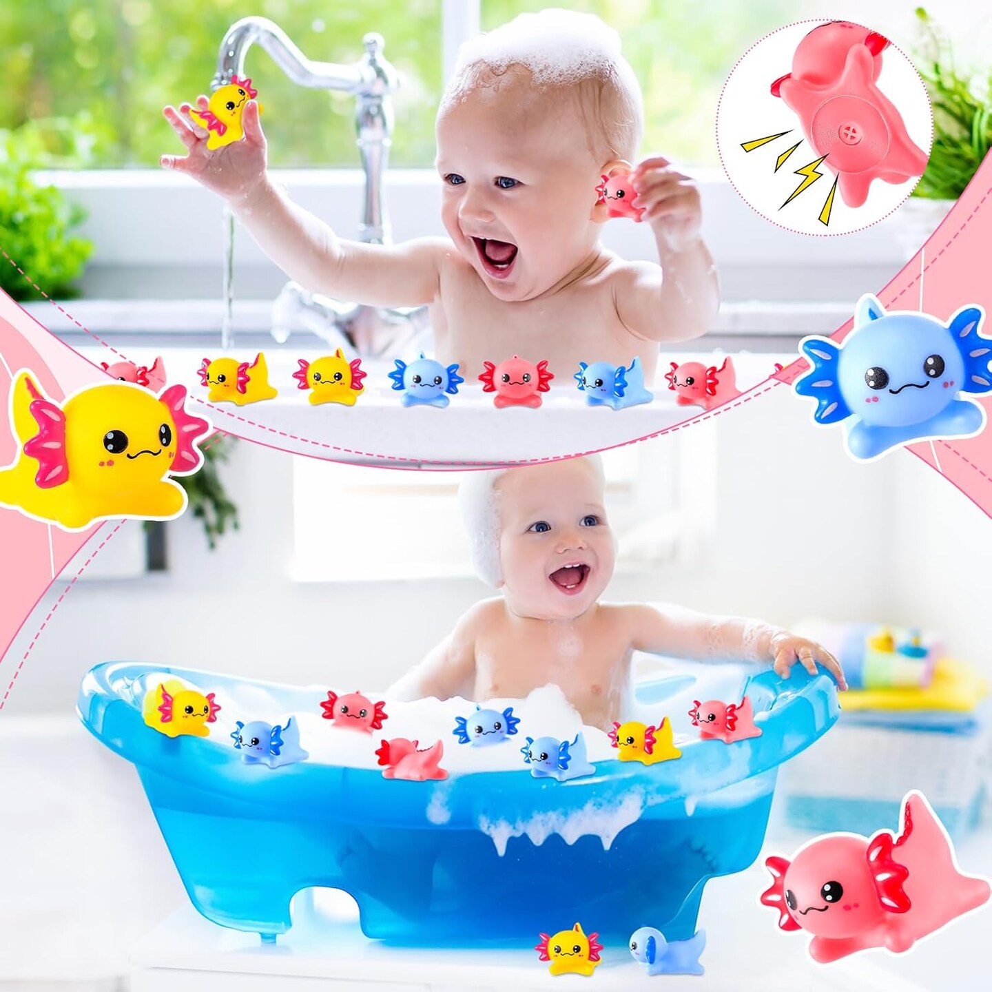 30 Pcs Axolotl Rubber Ducks - Pink, Yellow, Blue