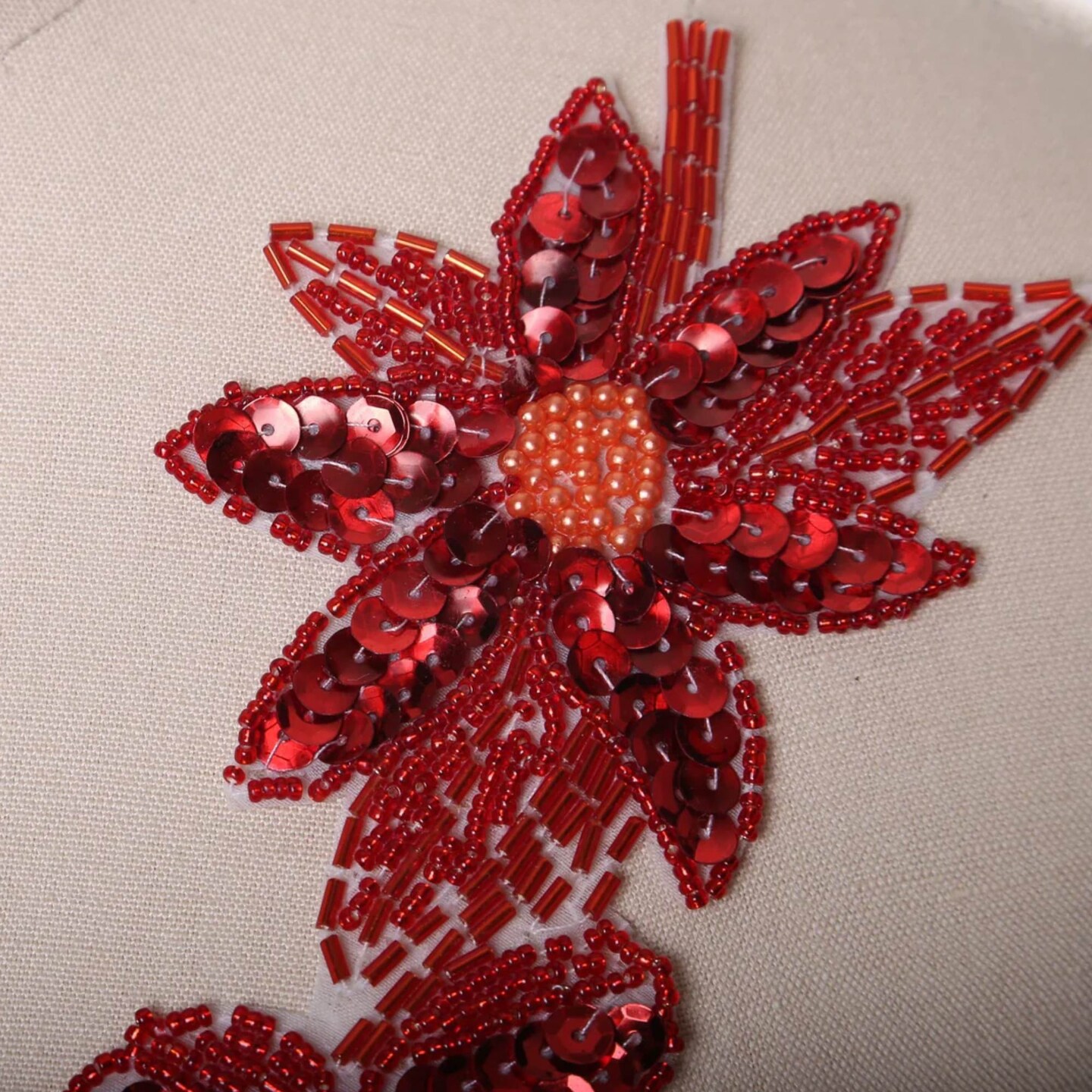 Red Beaded and Sequined Flower Patches Set of 2 Iron On Coral Floral Appliques with Leaves