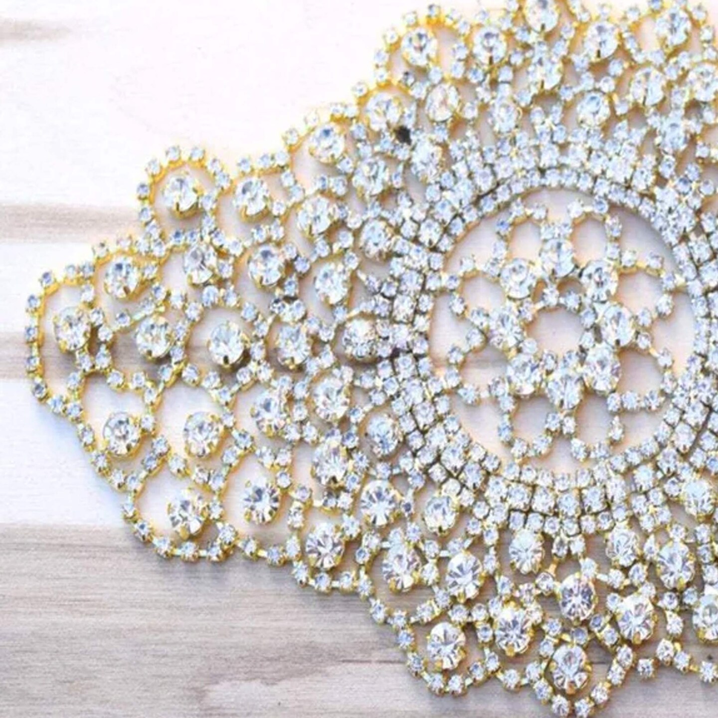 7" x 4.5" Antique Gold Crystal Rhinestone Applique for Wedding Dress Hat Jacket Decoration