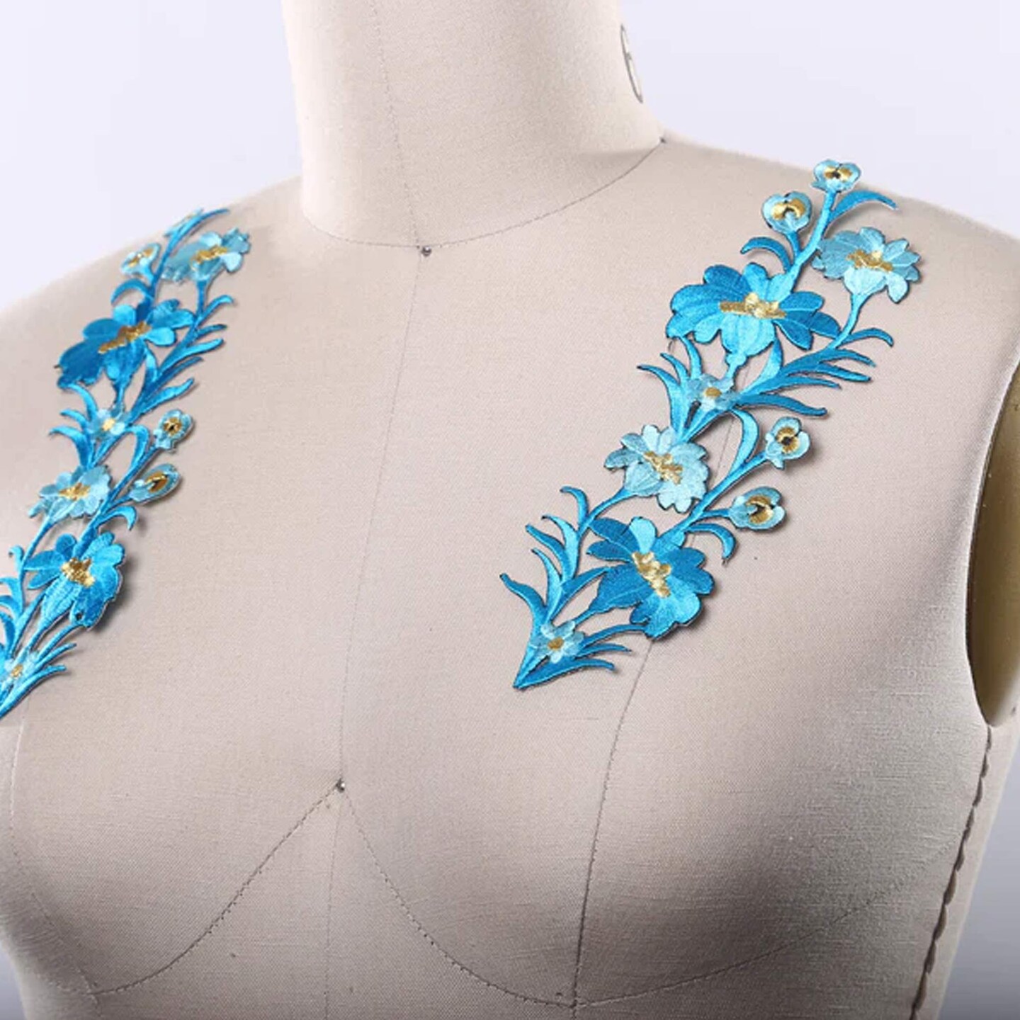 8&#x22; x 2.25&#x22; Electric Blue Flower Patches Set of 2 Embroidered Appliques with Gold Thread Accent