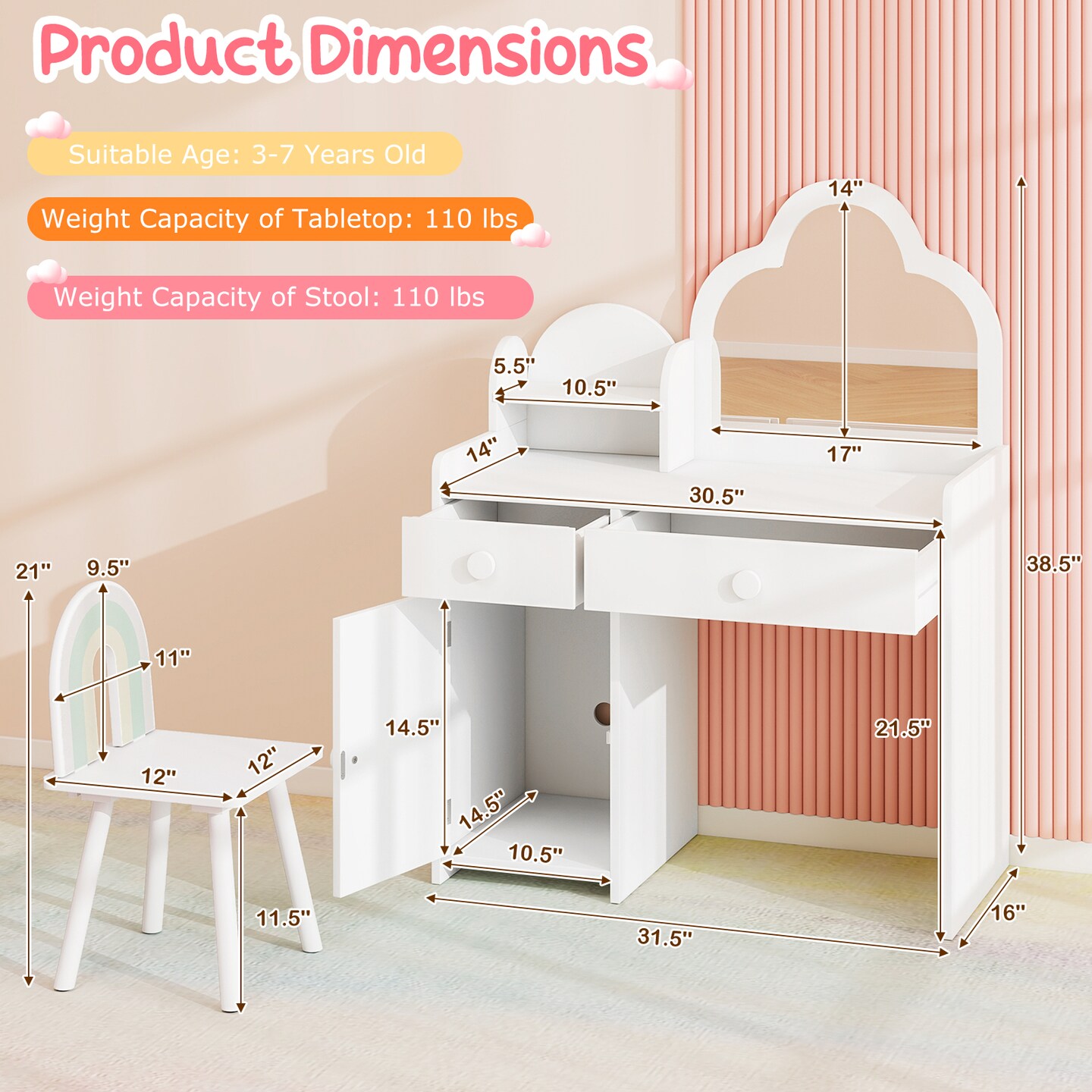 Costway Kids Vanity Table and Chair Set with Cloud-shaped Mirror Open Shelf Storage Drawers White/Pink/Purple