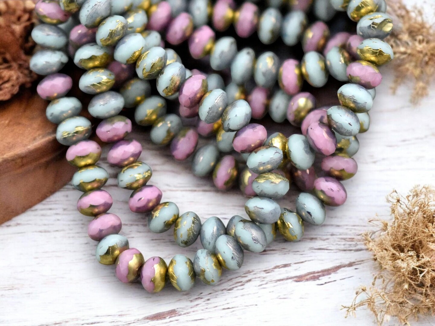 *30* 3x5mm Gold Washed Mixed Pink &#x26; Blue Fire Polished Rondelle Beads