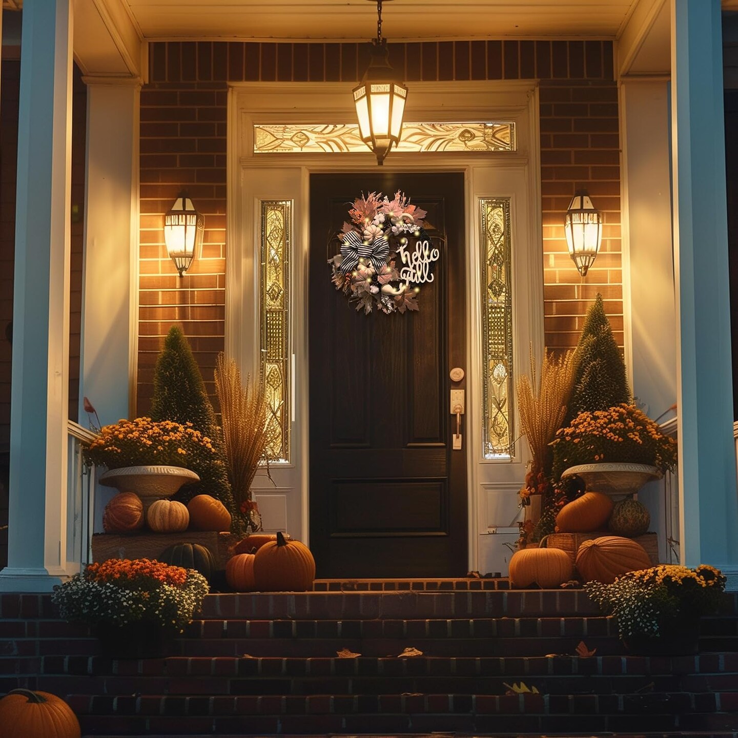 Neutral Autumn Door Wreath with Lights