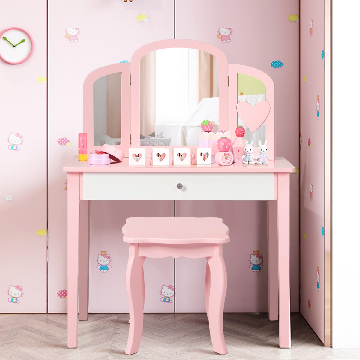 Costway Kids Vanity Set Princess Makeup Dressing Play Table Set W/Mirror White\ Pink