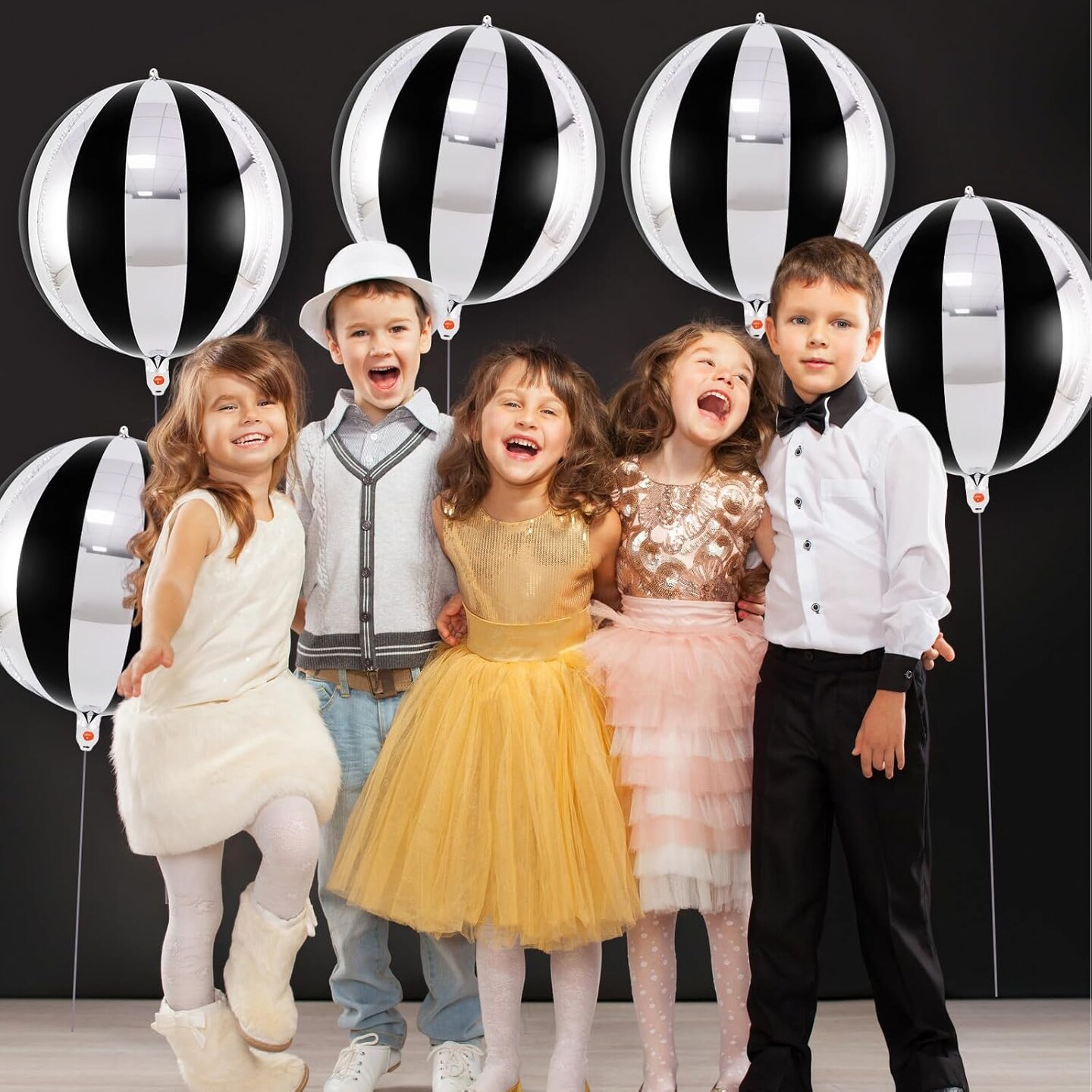 Black and Silver Striped Balloons, 22 Inch Metallic Round Foil Balloons-&#x9;Black and Silver