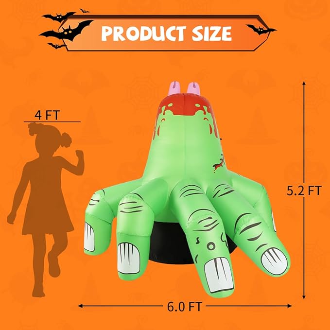 GOOSH 6 FT Halloween Inflatables Hand Blow Up Yard Scary Green Giant with Built-in LEDs