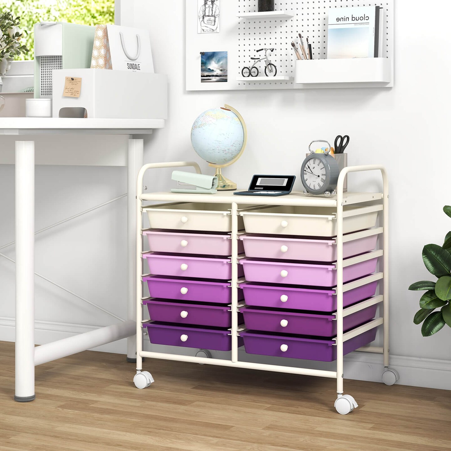 Costway 12 Drawers Rolling Cart Storage Scrapbook Paper Studio Organizer Bins Macaron/White/Light Pink/Purple/Pink/Clear/Gray/Rainbow/Multicolor/Hot Pink/Black