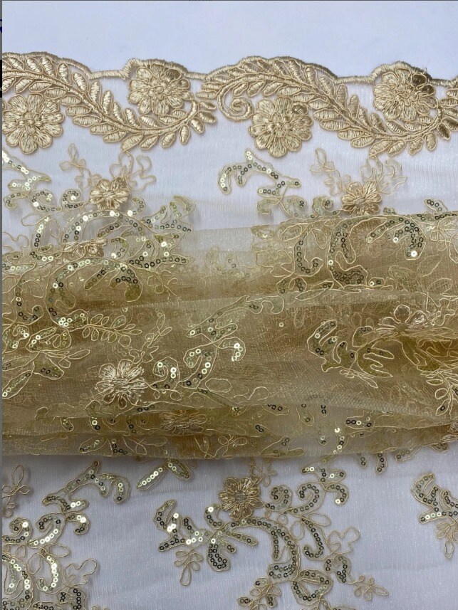 1 Yard Beige Corded Mesh Lace Fabric with Sequins Double Scalloped Embroidery, 54” Wide