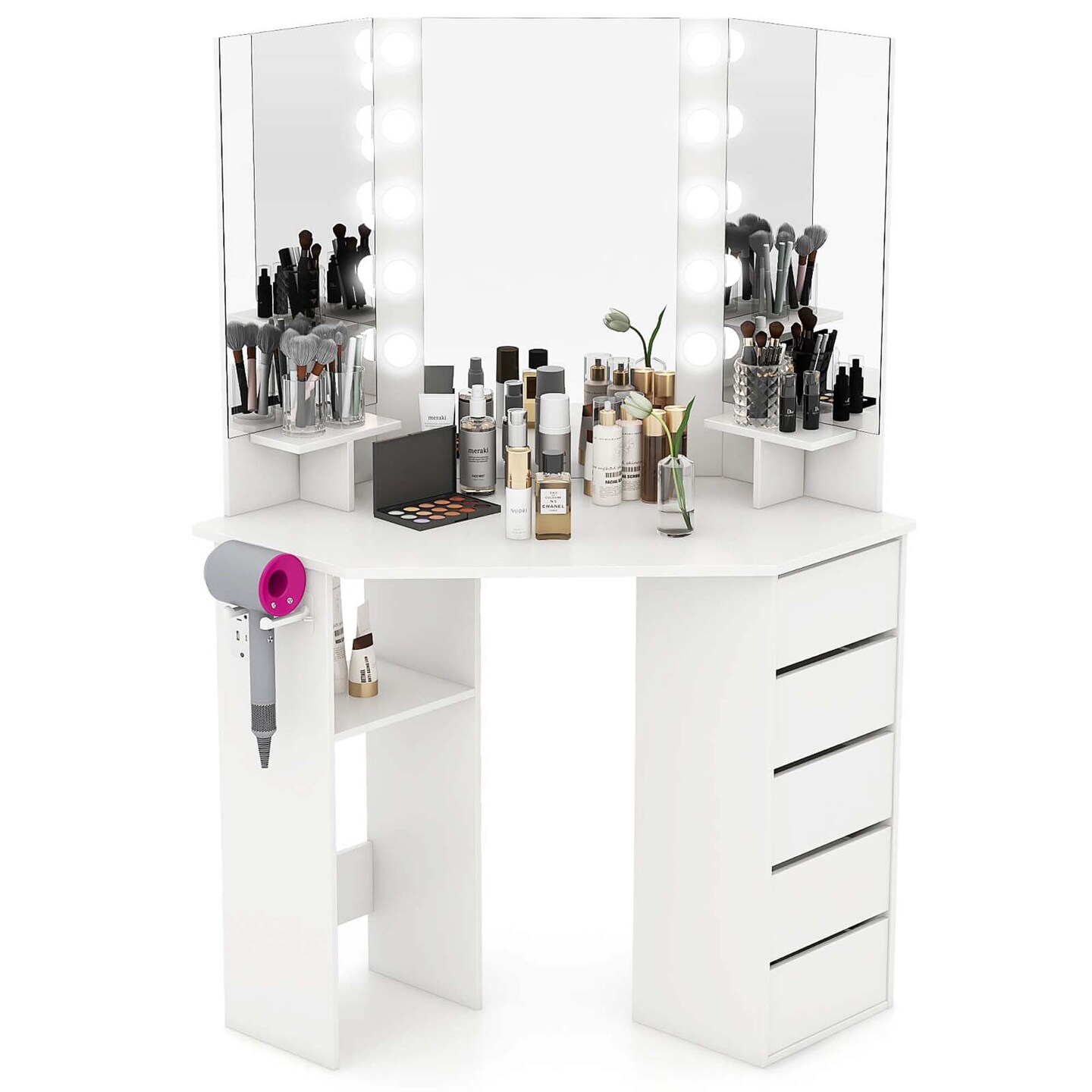 Costway Corner Vanity Desk Cosmetic Vanity Station with LED Mirror,& Power Outlets Black/White