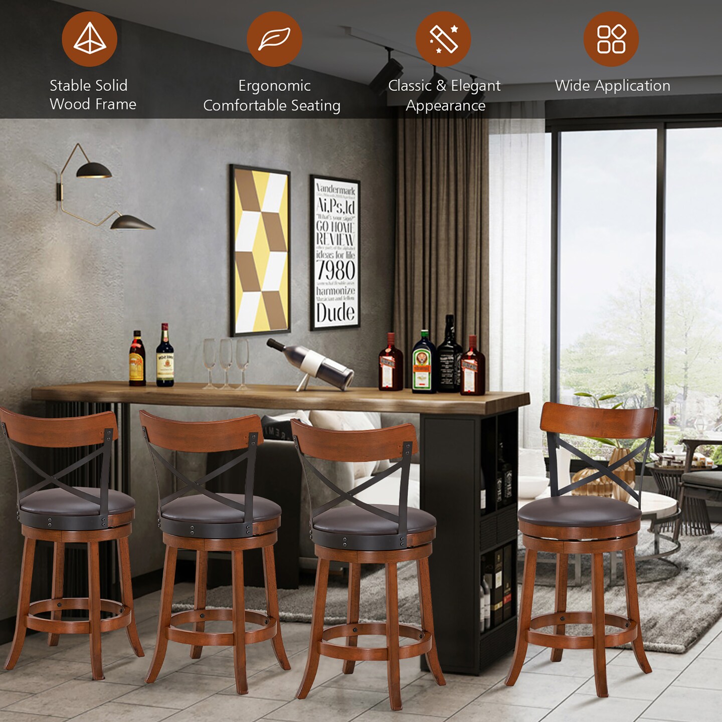Costway Set of 4 Bar Stools Swivel 25'' Dining Bar Chairs with Rubber Wood Legs