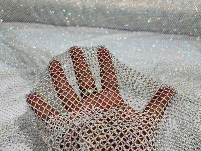 1 Yard Sparkly AB Rhinestone Fishnet Fabric Stretch Mesh for Costumes, Décor, and Apparel