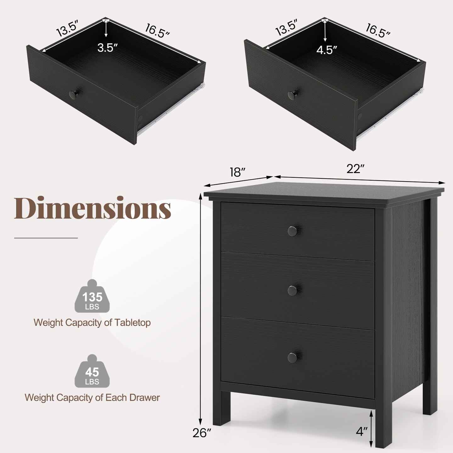 Costway Nightstand Beside End Side Table Accent Table Organizer W/3 Drawers Black