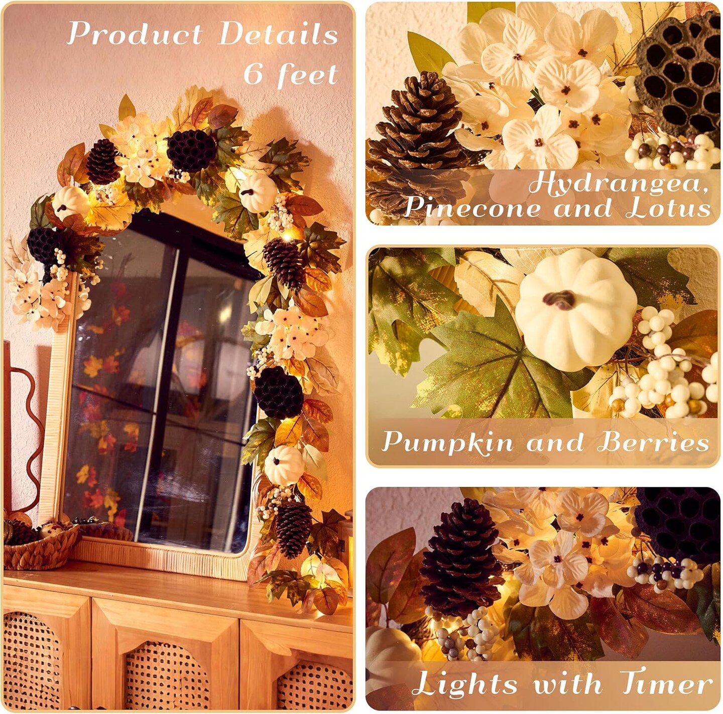 Fall Garland with Lights - 6 ft Artificial Autumn