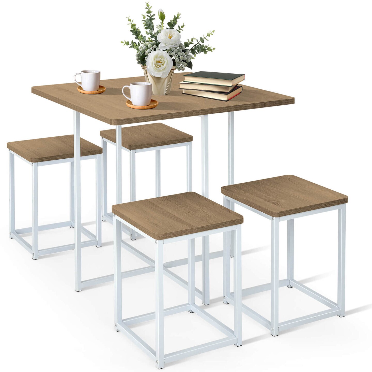 Costway 5pcs Dining Set Compact Dining Table and 4 Stools Metal Frame Nature\Vintage