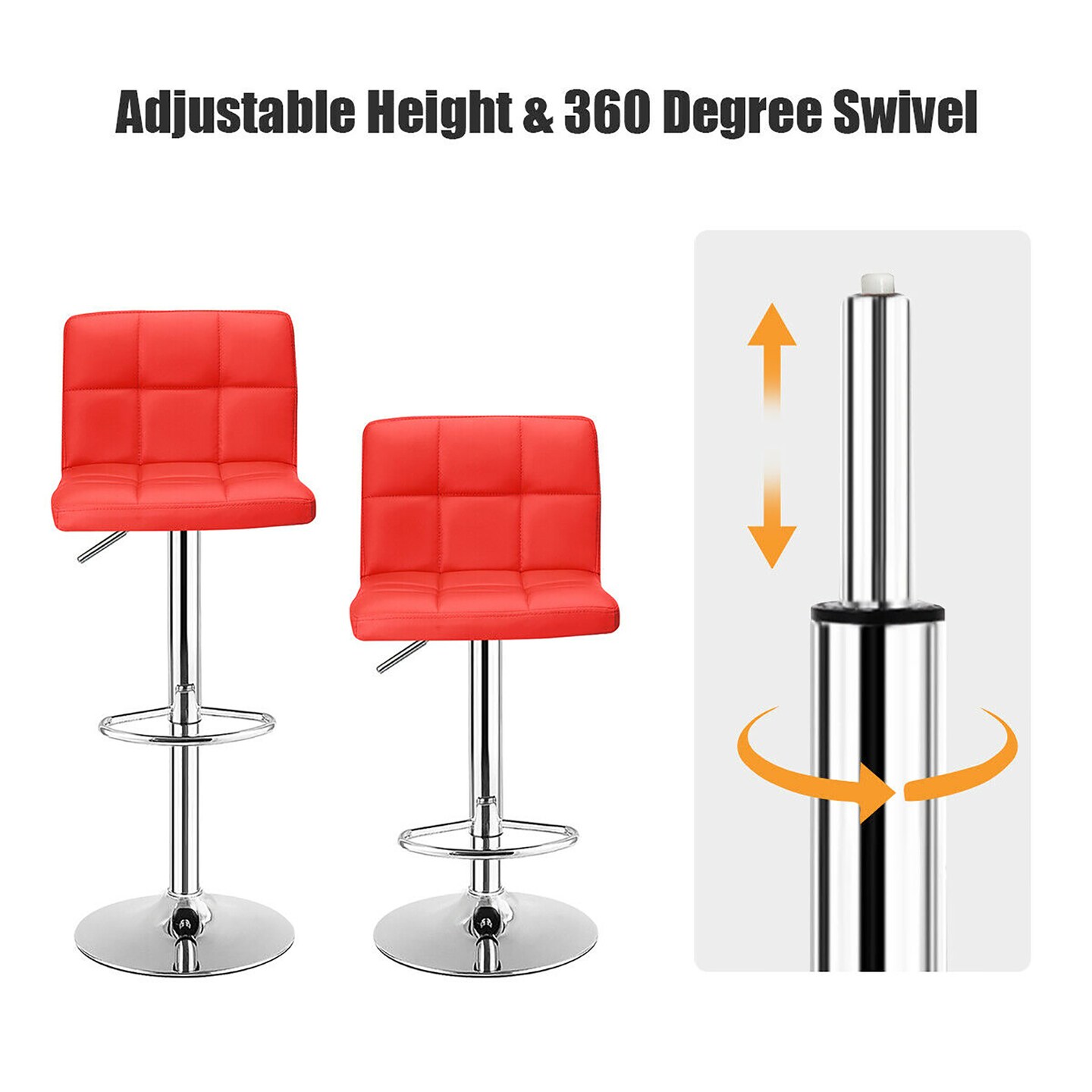 Costway Set of 2 Bar Stools Adjustable Swivel Kitchen Counter Bar Chair PU Leather Red Full Back