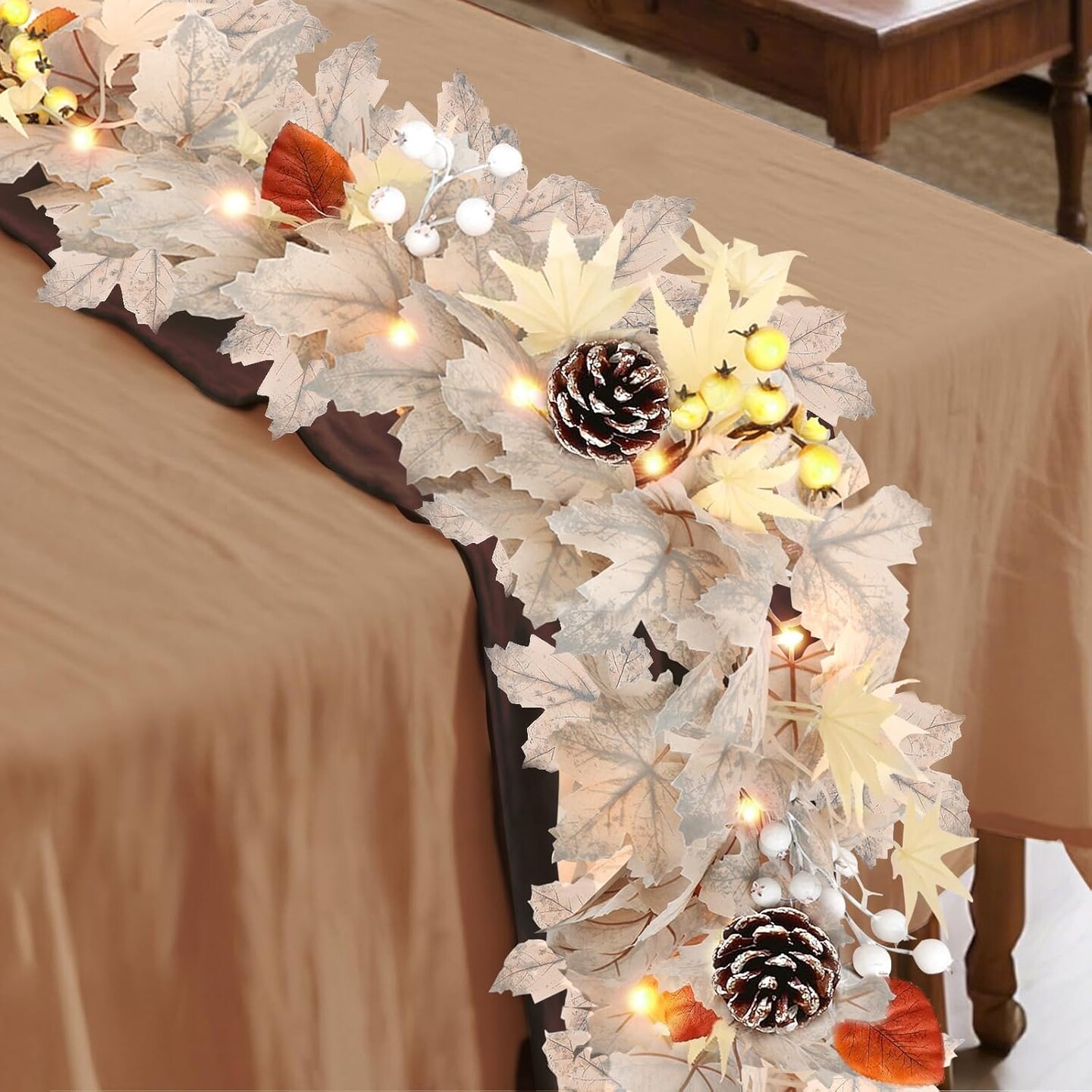 6FT Fall Thanksgiving Garland with Timer – Maple Leaf, Berries & Pinecones, 20 LED Autumn String Lights for Table, Fireplace, Wedding, Halloween & Christmas Decor (Beige)
