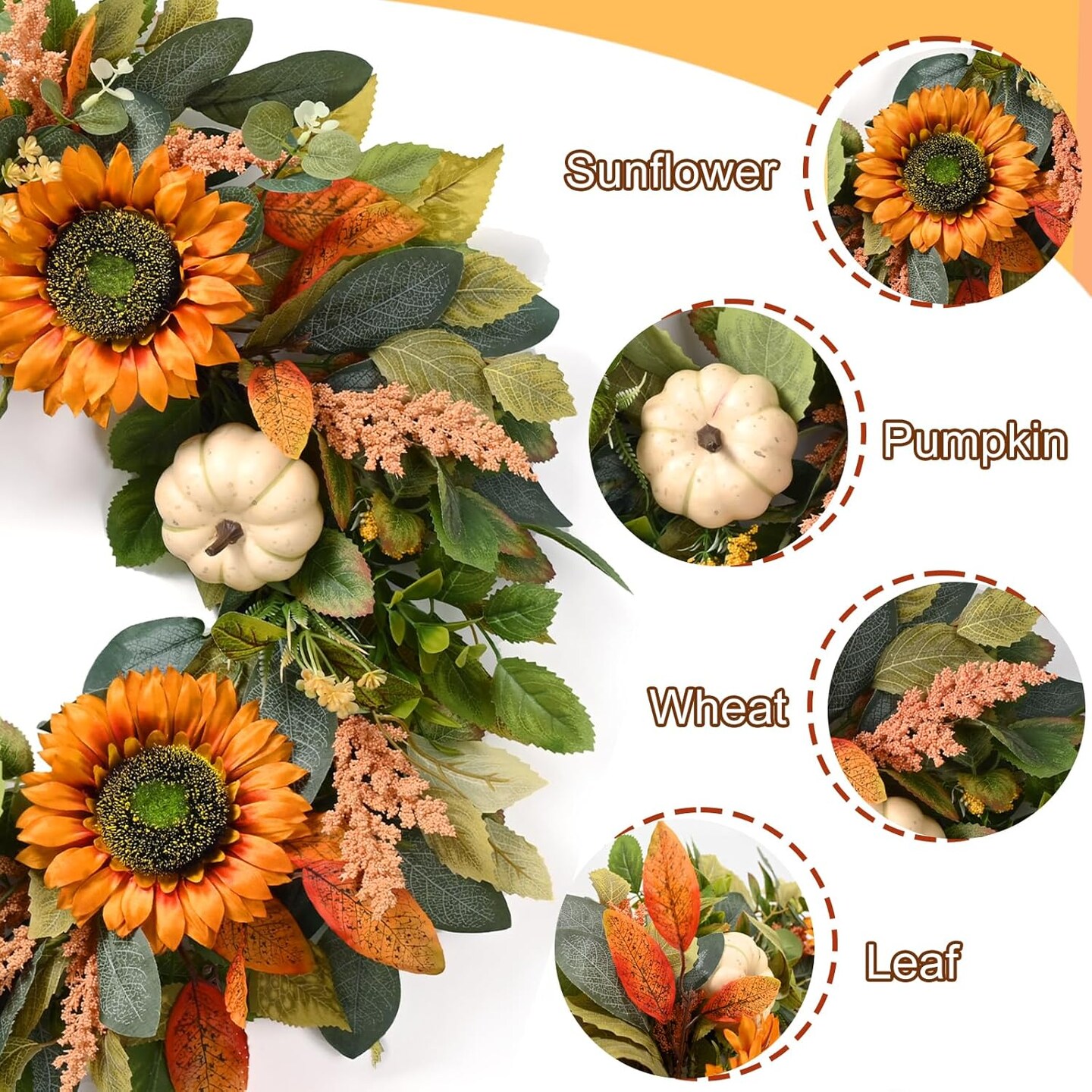 22in Sunflower Fall Door Wreath with Pumpkin