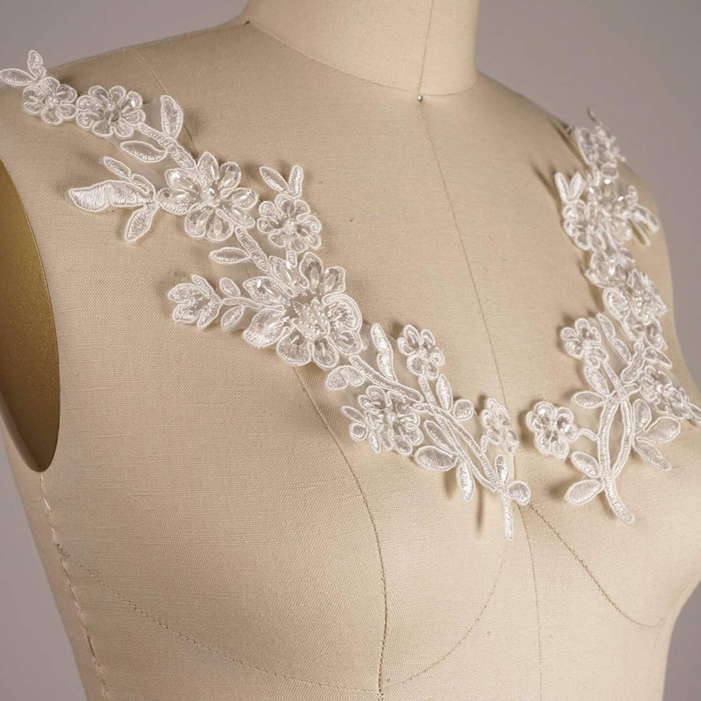 White Beaded Bridal Appliques 10" Sequin Lace Pair for Veils or Wedding Gowns