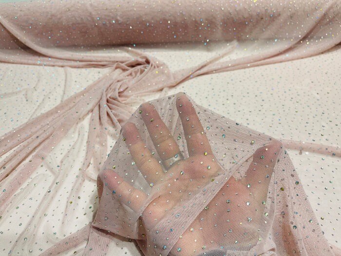 1 Yard Sheer Power Mesh With AB Rhinestones Stretch Fabric for Dancewear, Gowns &#x26; DIY
