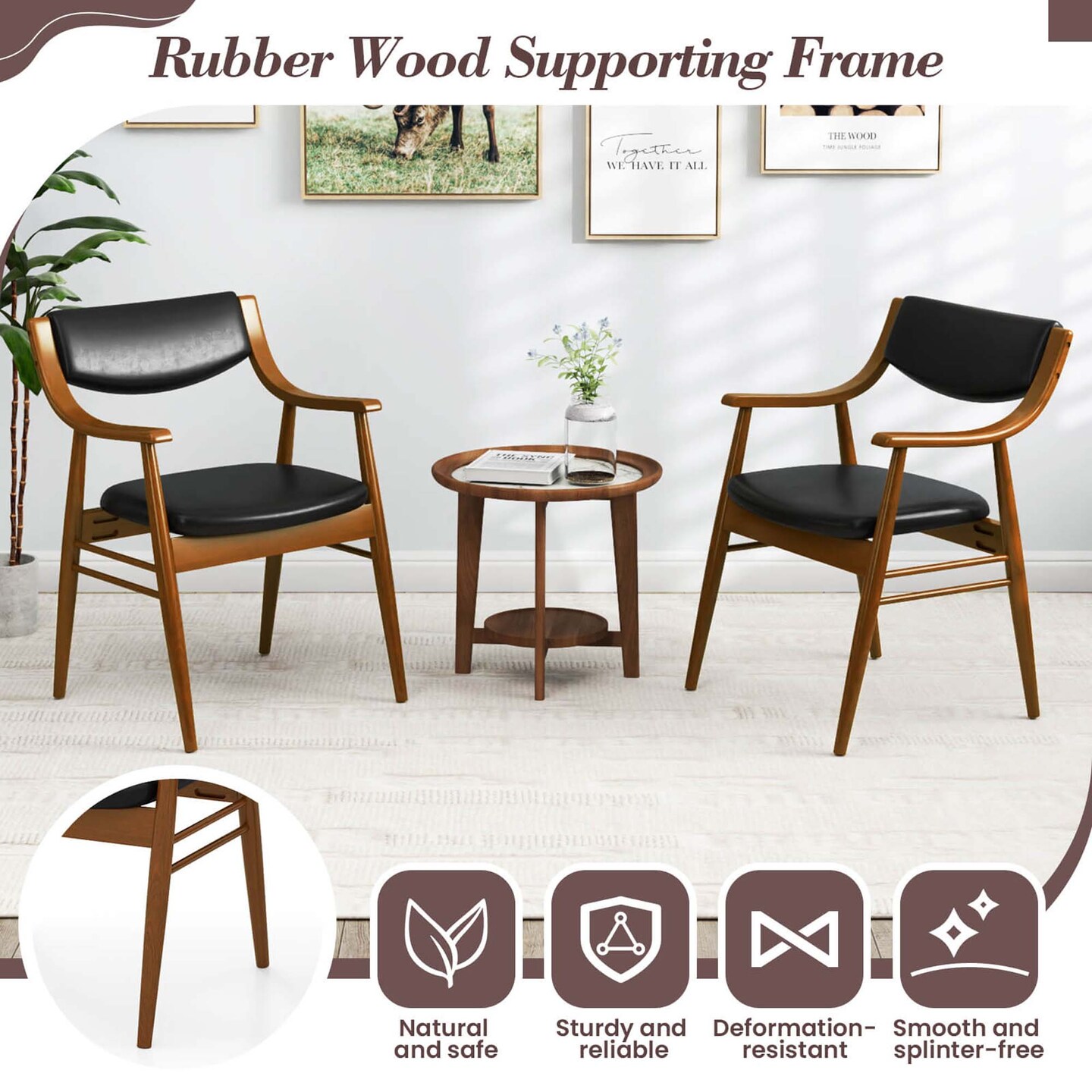 Costway PU Leather Dining Chair Set of 2 with Padded Seat & Back Armrests Rubber Wood Frame Black/Brown