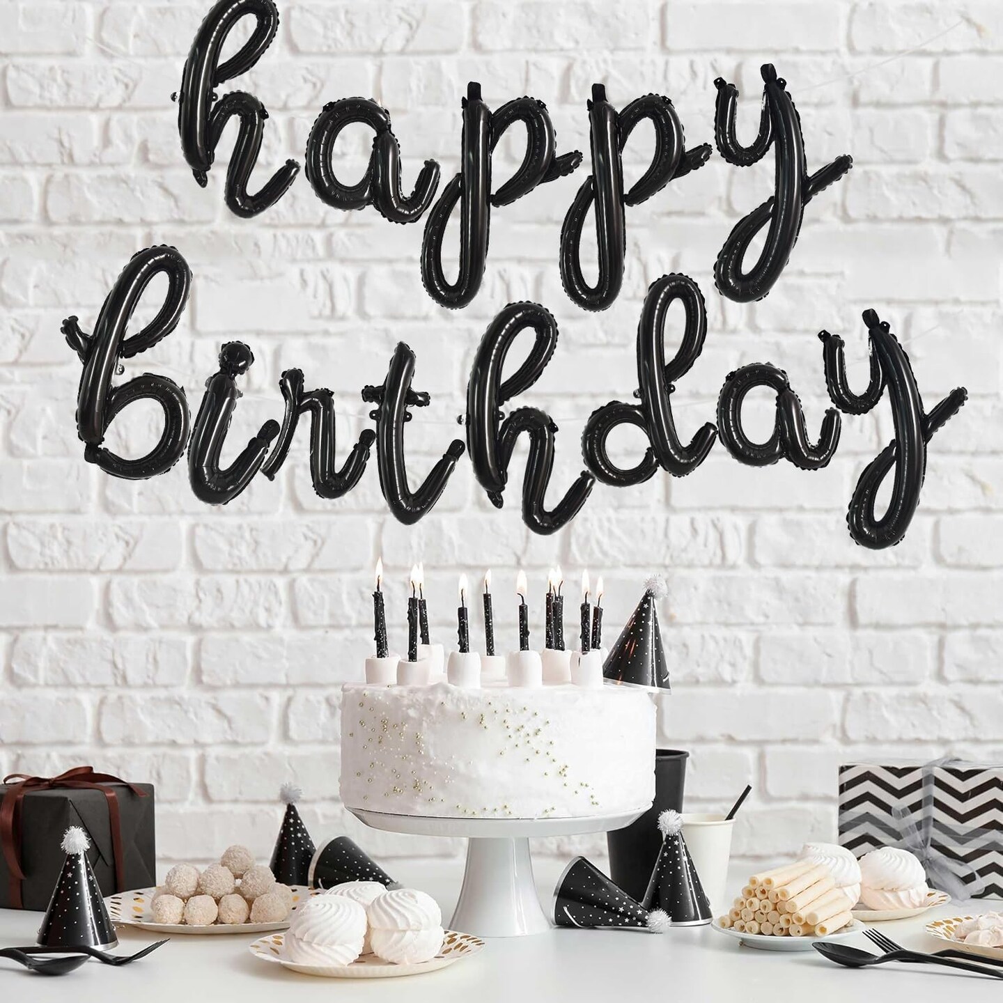 Black Happy Birthday Balloon Banner – Cursive Mylar Foil Letters, 16” Party Decorations for Adults (Low Black)