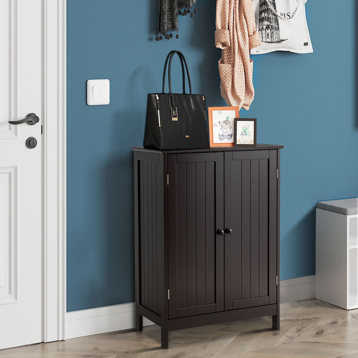 Costway Bathroom Floor Storage Cabinet Double Door Kitchen Cupboard Shoe Cabinet Brown