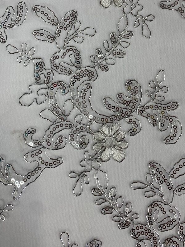 1 Yard White/Silver Lace Fabric, Corded Mesh with Sequins & Scalloped Edges 54″ Wide