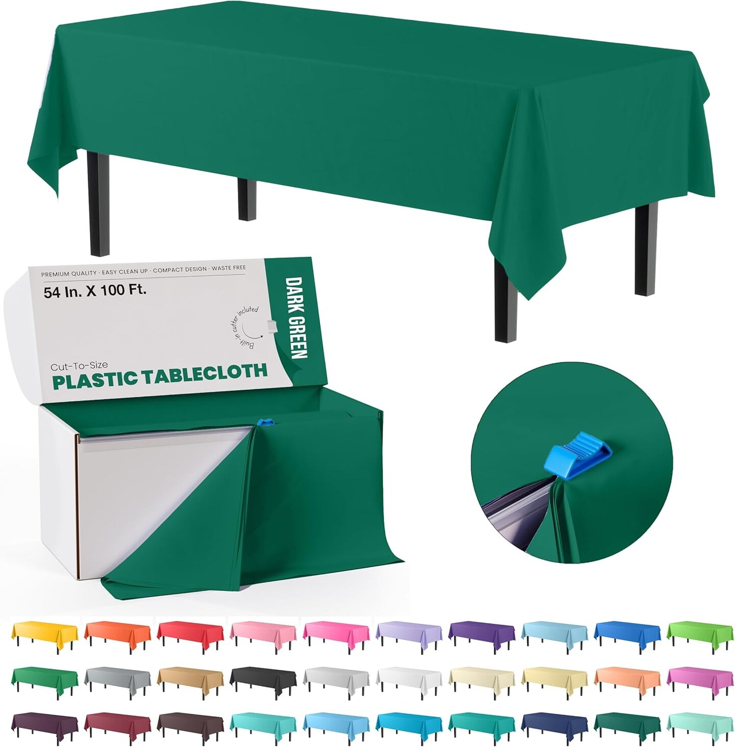 Exquisite Party Solids 54" x 100' Plastic Table Cover Roll with Slide Cutter – Cut-to-Size Dispenser Box – Makes Up to 12 Disposable 8' Rectangle Tablecloths