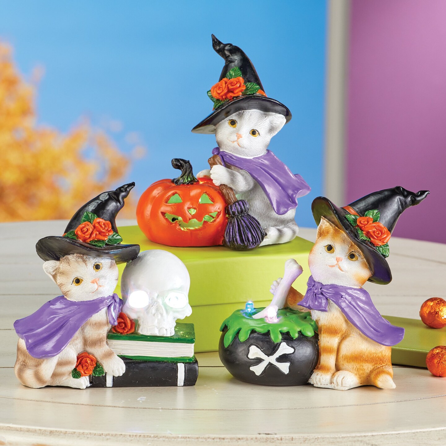 Collections Etc 3-Piece LED Lighted Hand-Painted Witch Cat Halloween Sitters