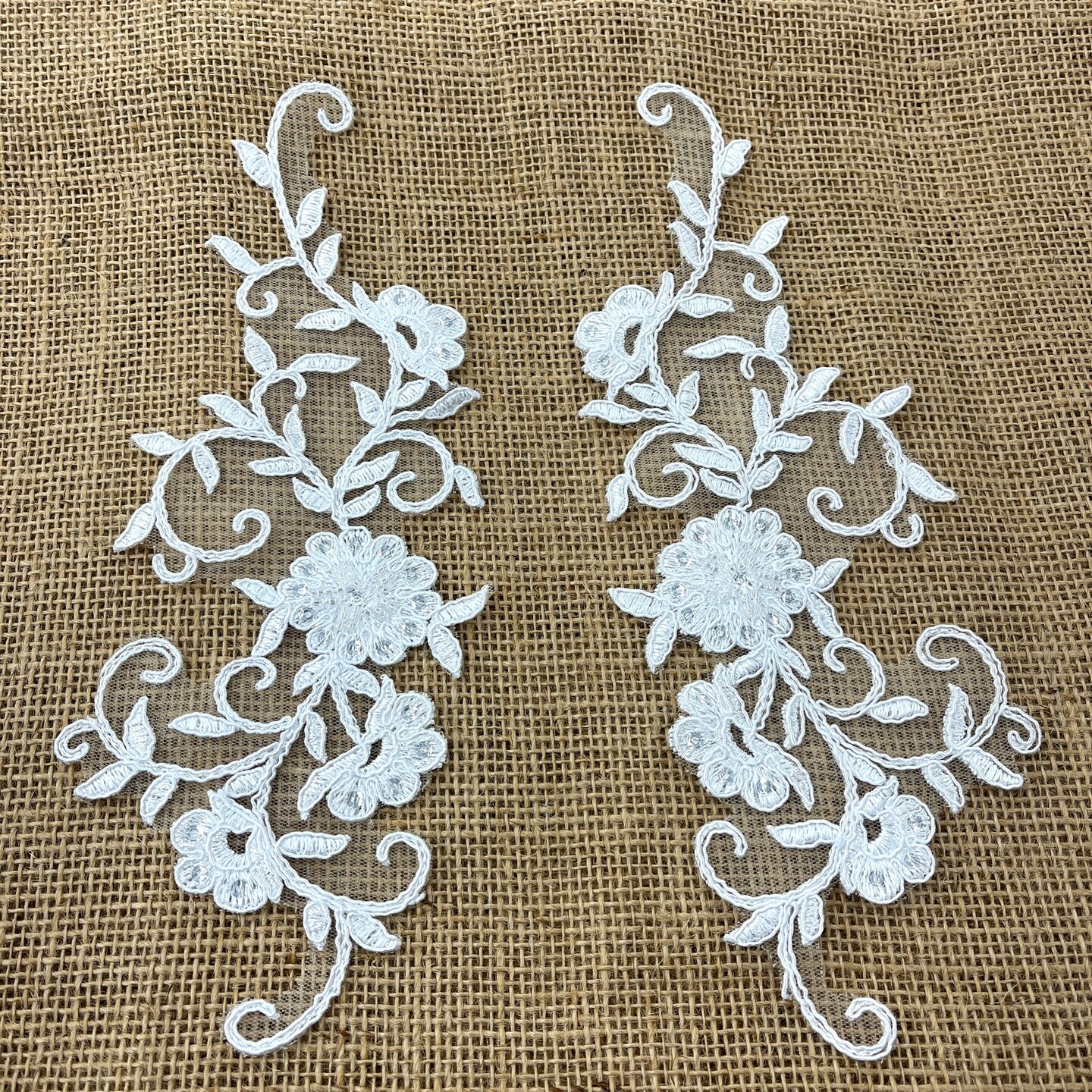 1 Pair Beaded &#x26; Corded Floral Lace Applique Embroidered on 100% Polyester 9.5&#x22; x 2&#x22; Each Side