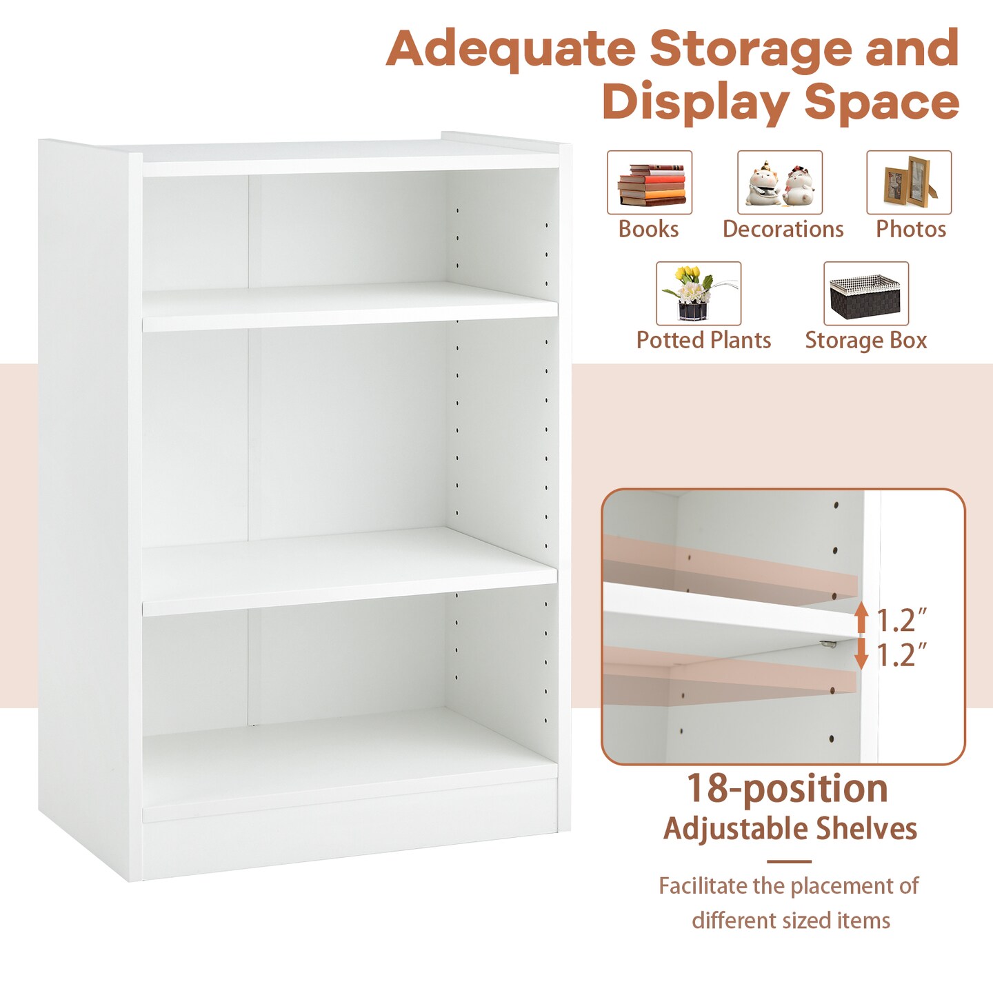 Costway 2 PCS 3-Tier Bookcase Open Multipurpose Display Rack Cabinet with Adjustable Shelves White/Black/Brown