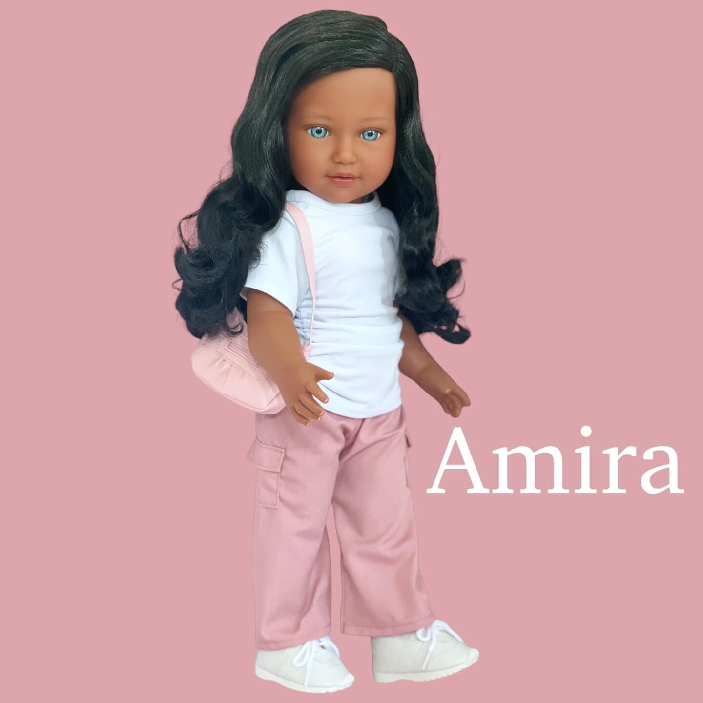 Amira - 18-Inch Biracial Doll with Blue Eyes and Long Wavy Black Hair, Celebrating Brazilian and African American Heritage