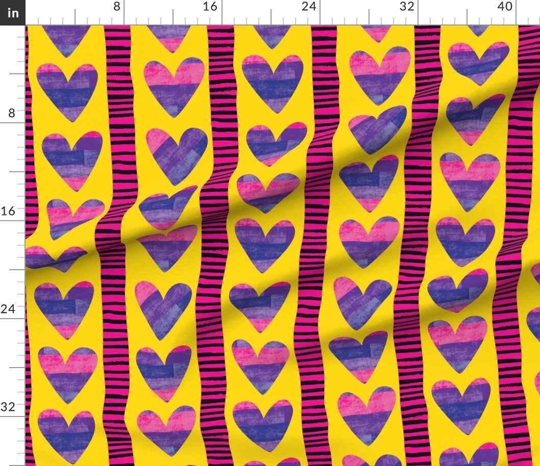 Pride Queer Lgbtqia Month Bi Retro Stripes Hearts Pink Blue Yellow Love Large Scale Custom Printed Fabric by Spoonflower Various Fabrics by the Yard or Fat Quarter