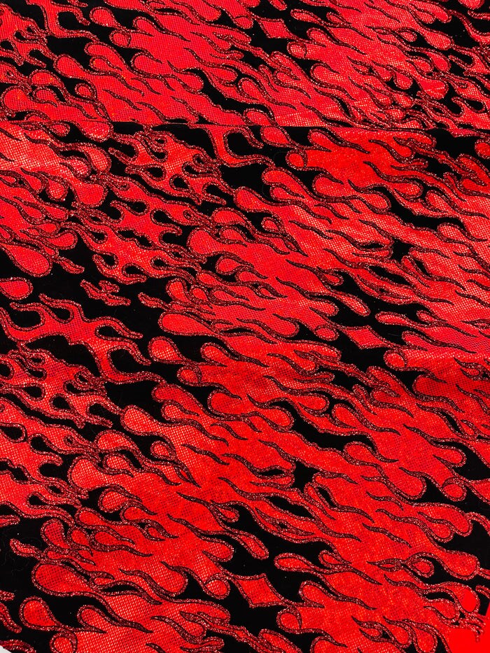 1 Yard Hot Rod Tricot Holographic Spandex Fabric Black Flocking Flames Red Glitter 4 Way Stretch 58-60 inches width
