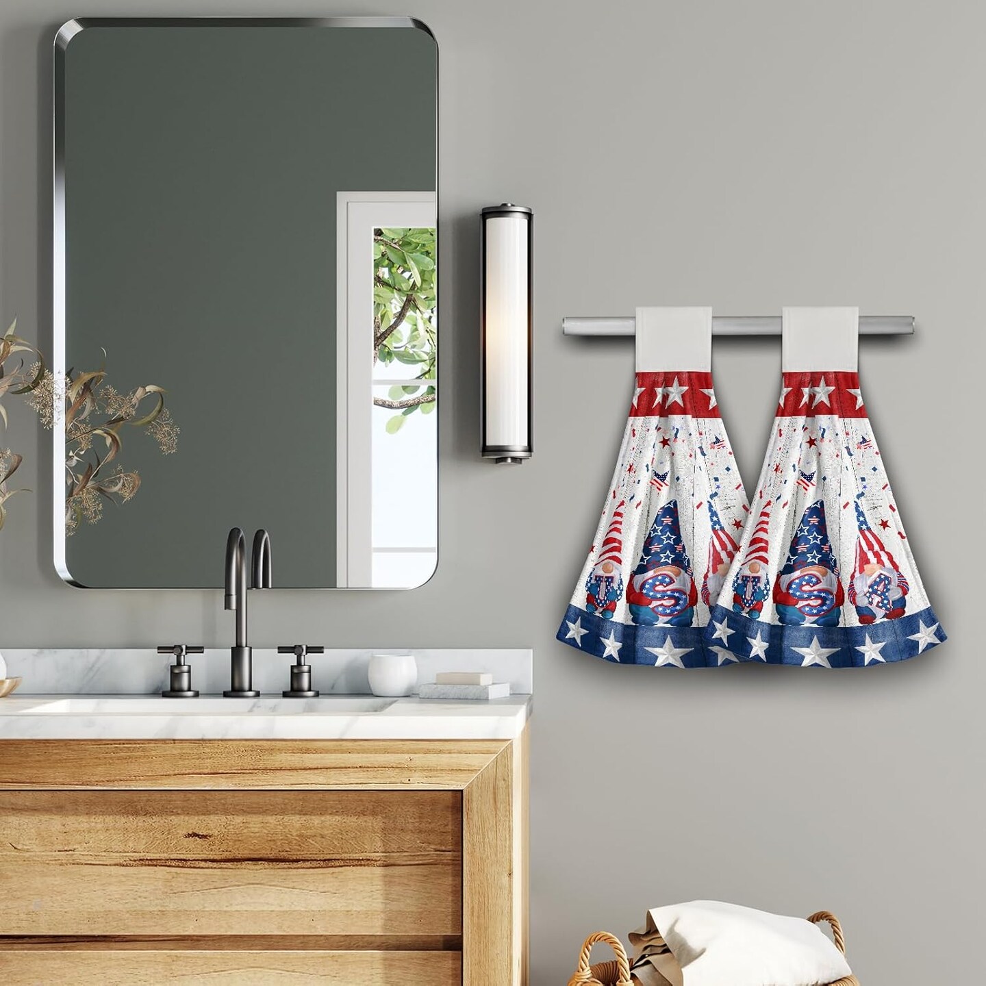 2PCs USA Gnome Kitchen Hanging Towels Memorial Veteran Day Patriotic Hand Tie Towel with Loop & Hook America Flag 4th of July Stars Soft Dish Cloth Fast Drying for Bathroom Farmhouse Home Decor