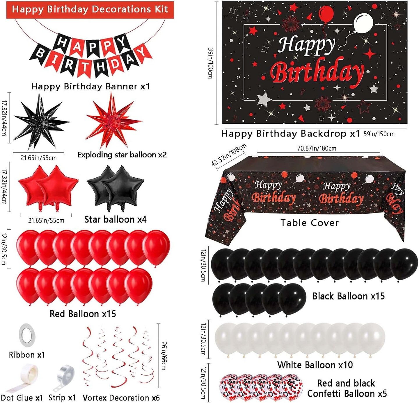 77PCS Red and Black Birthday Decorations for Women Men, Happy Birthday Banner Tablecloth Background Party Supplies, Confetti Star Red Black White Balloons Arch Kit Party Decorations