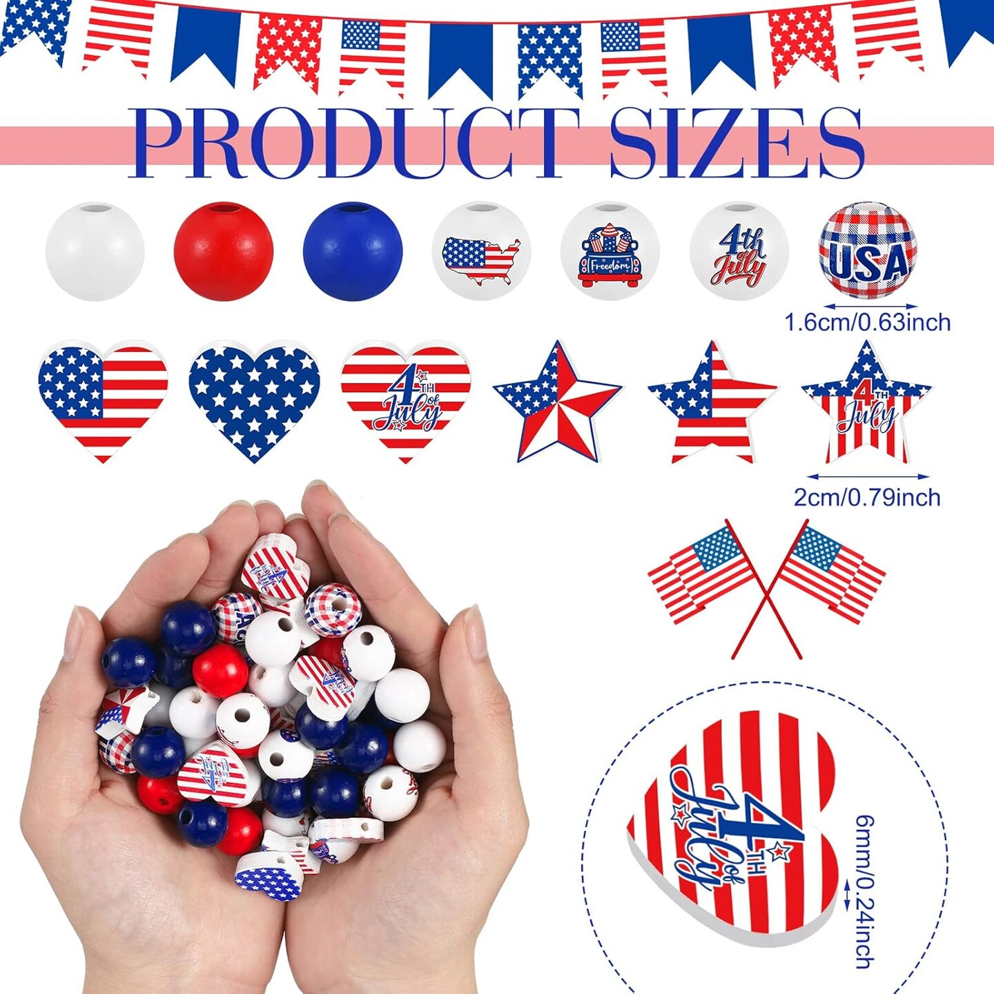 200 Pcs 4th of July Wood Beads