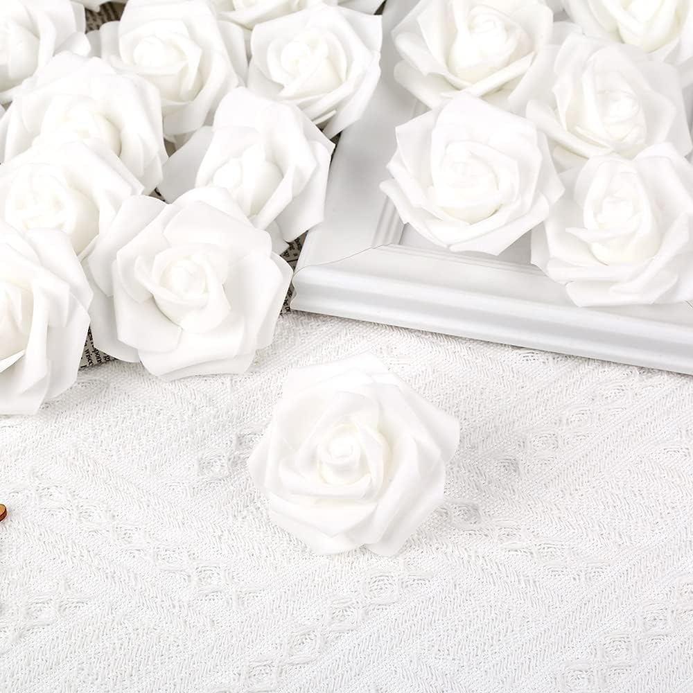 100 Pcs Artificial Rose Flower Heads Real Looking White Foam Centerpieces