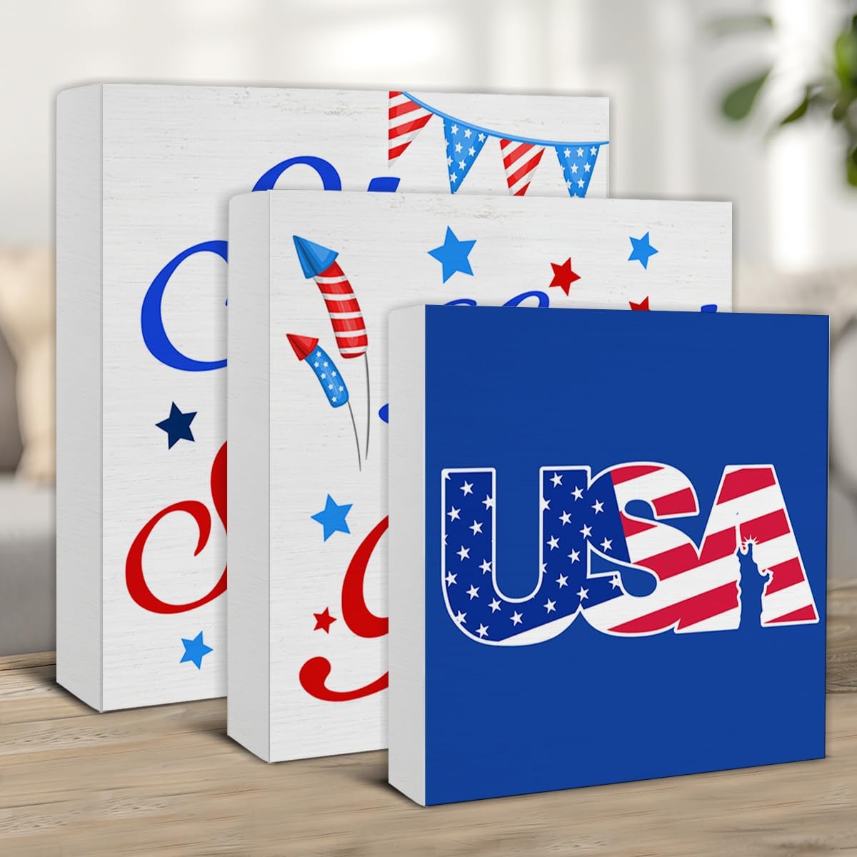 3 Pcs Patriotic Wood Signs Tabletop Decor America Wood Block Signs Independence Day Stars And Stripes Land of the Free USA Wooden Box Signs Decorations for Home Tiered Tray Desk Shelf