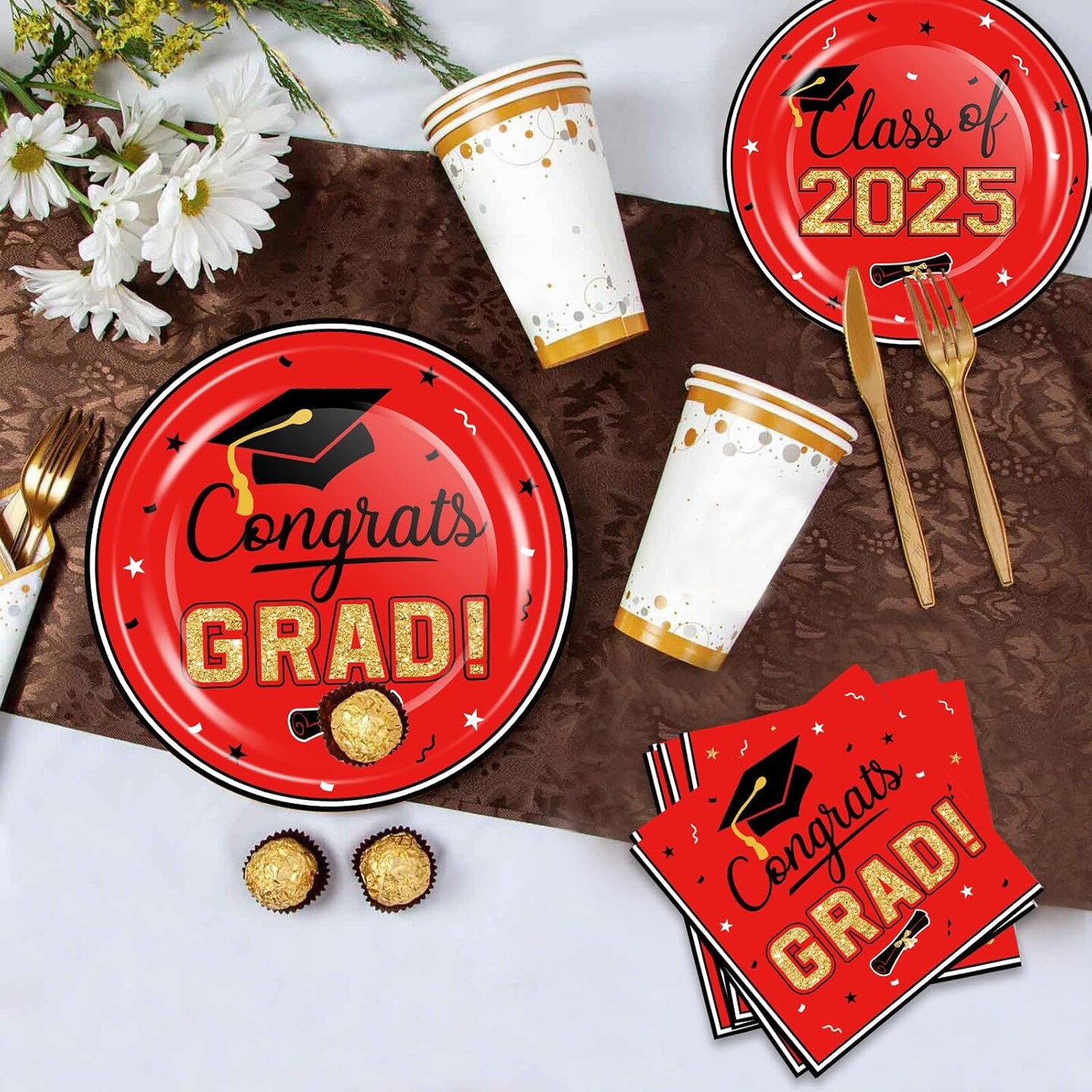 200 Pcs Graduation Table Decorations Party Supplies - Red Black Graduation Plates and Napkins Class of 2025 Disposable Dinnerware Set for College High School Congrats Graduation Party Favors, Serve 50