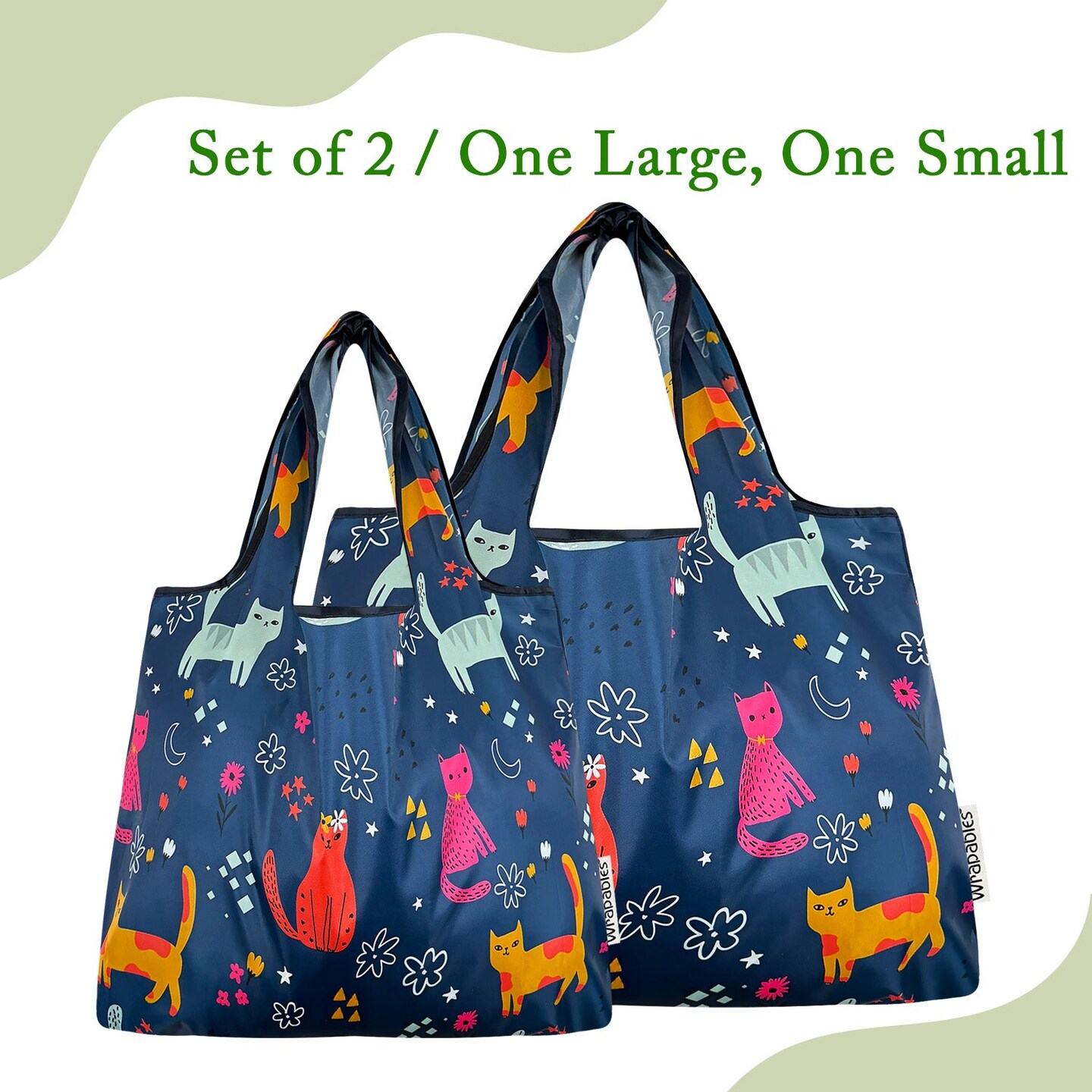 Wrapables Large & Small Foldable Tote Nylon Reusable Grocery Bags, Set of 2, Cute Kitties on Blue