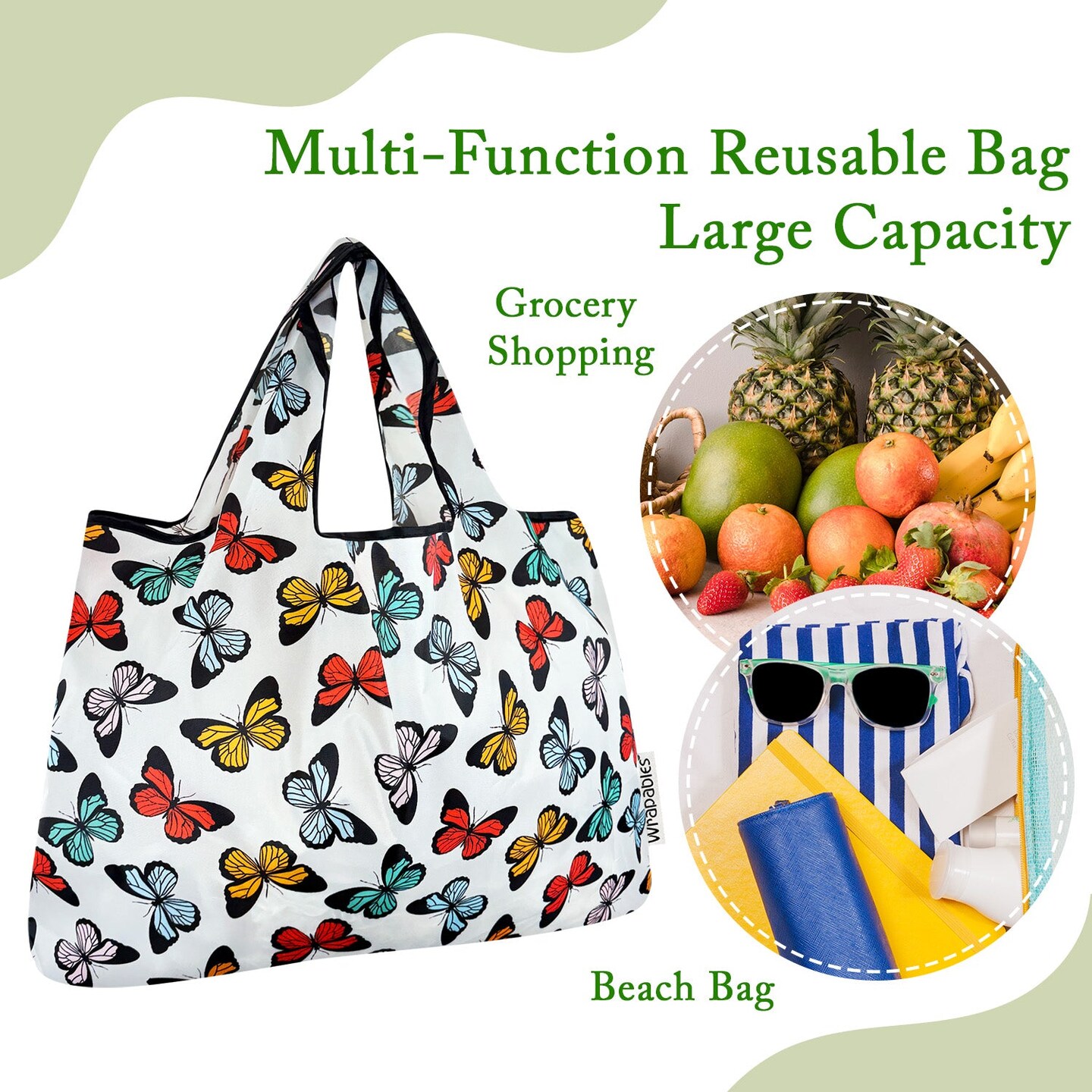 Wrapables Large Foldable Tote Nylon Reusable Grocery Bags, Rainbow Butterflies