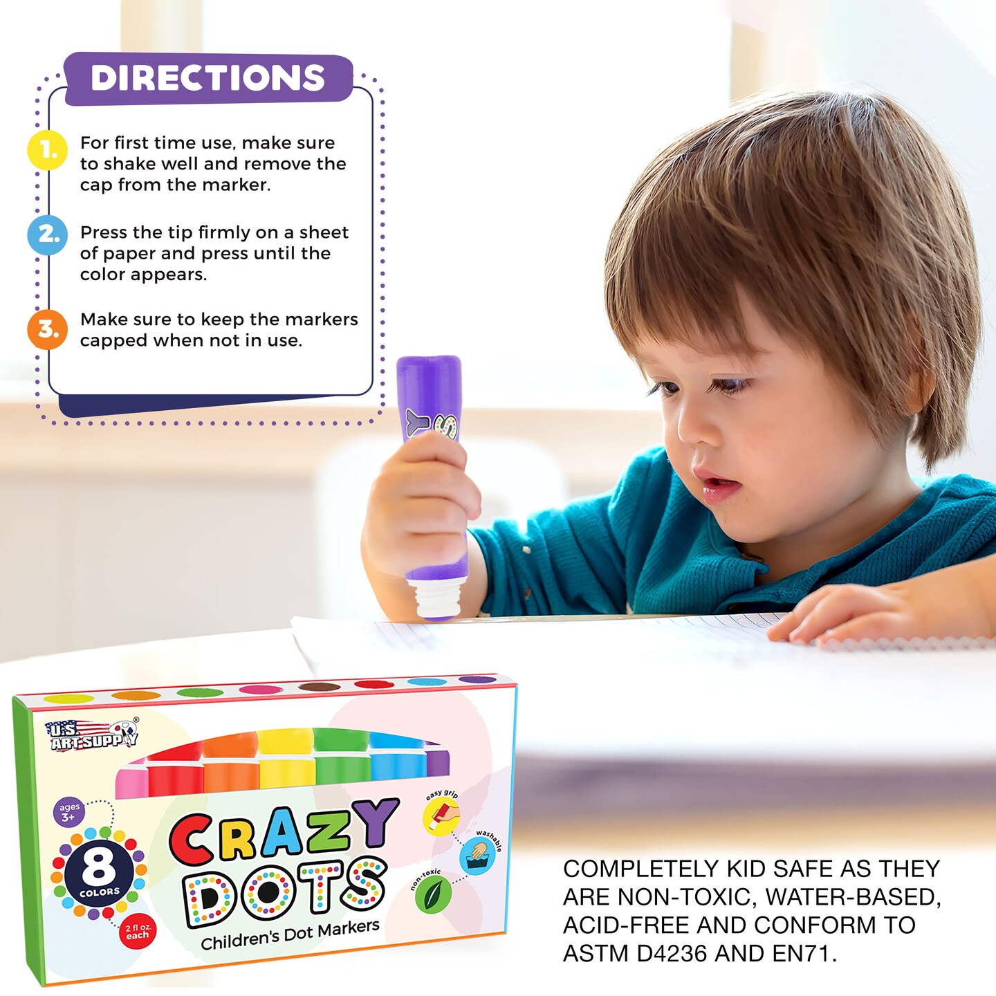 8 Color Crazy Dots Markers - Children&#x27;s Washable Easy Grip Non-Toxic Paint Marker Daubers
